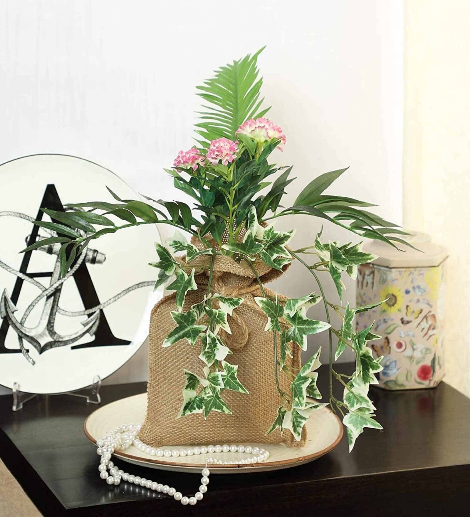 Green Polyester Artificial Marigold Hanging Bonsai Plant With Brown Jute Pot