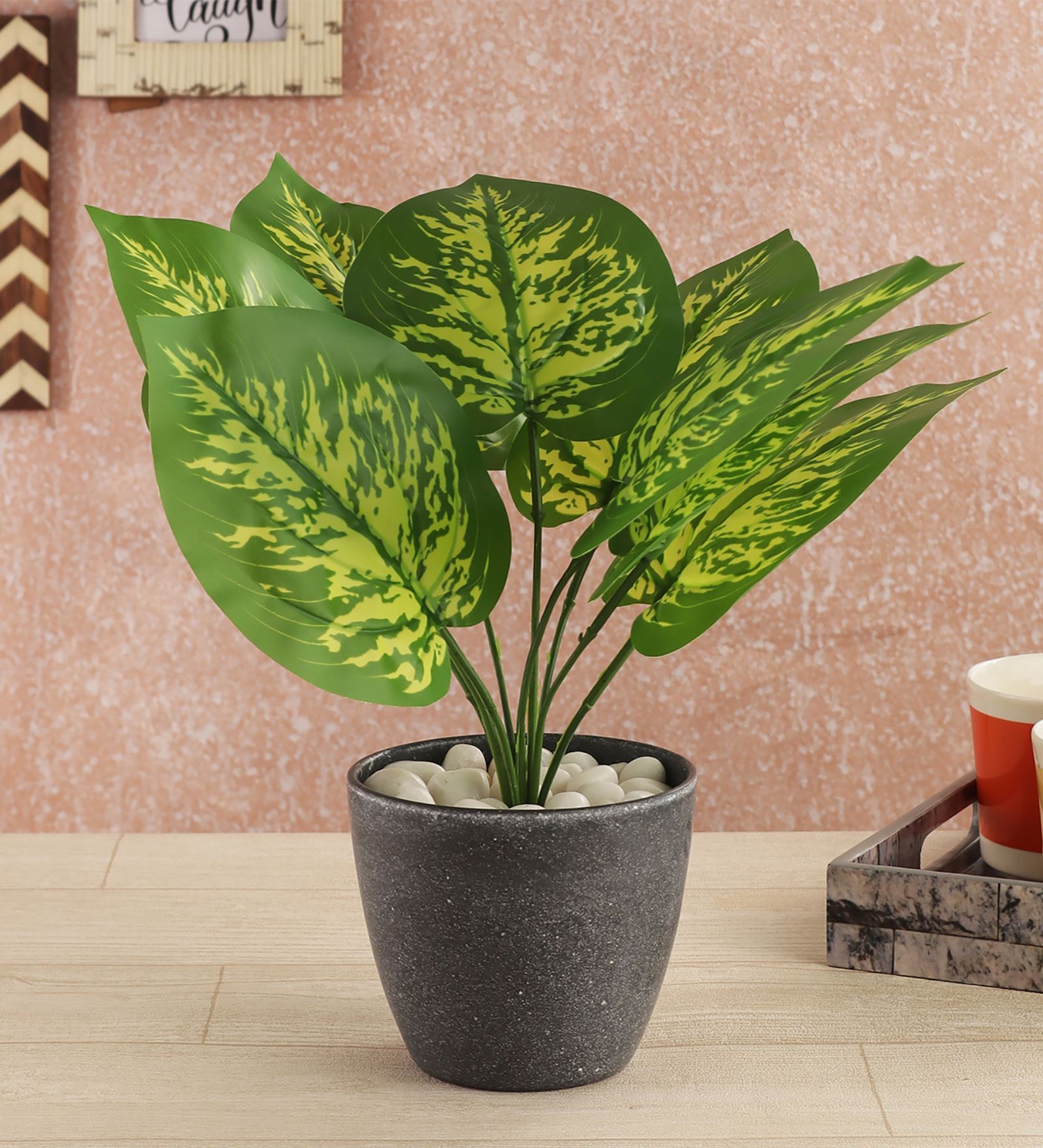 Buy Green Polyester Artificial Money Plant with 9 Large Leaves in Grey