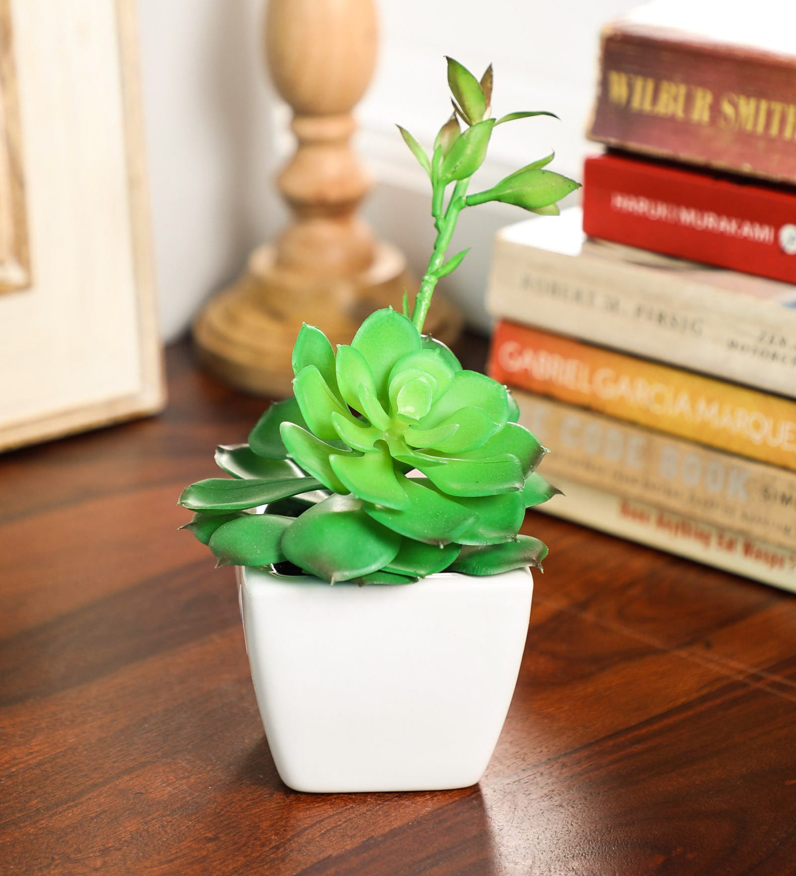 Green Polyester Artificial Succulent Bonsai with Ceramic Pot