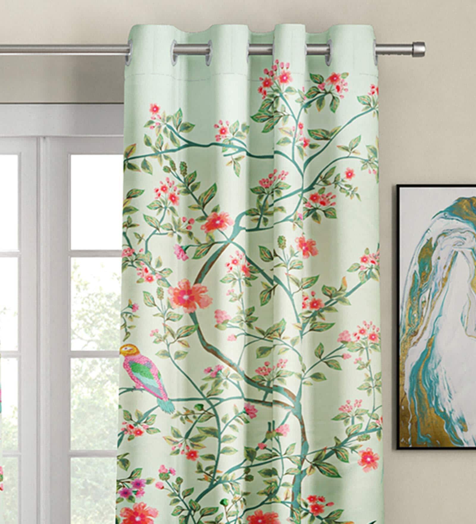 Green Floral Polyester 5 Ft Light Filtering Eyelet Window Curtains (Set of 2)