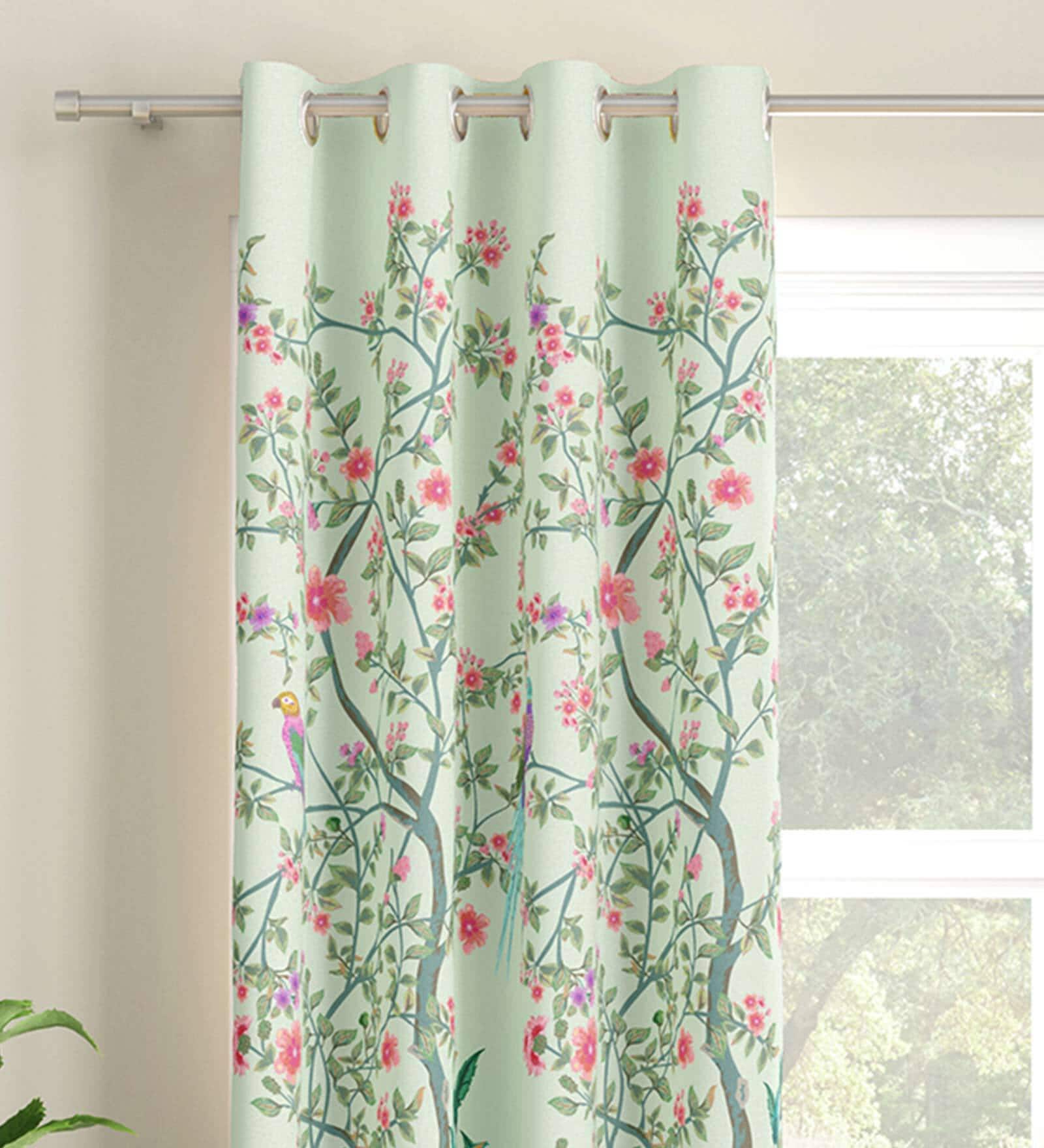 Green Floral Polyester 5 Ft Light Filtering Eyelet Window Curtain