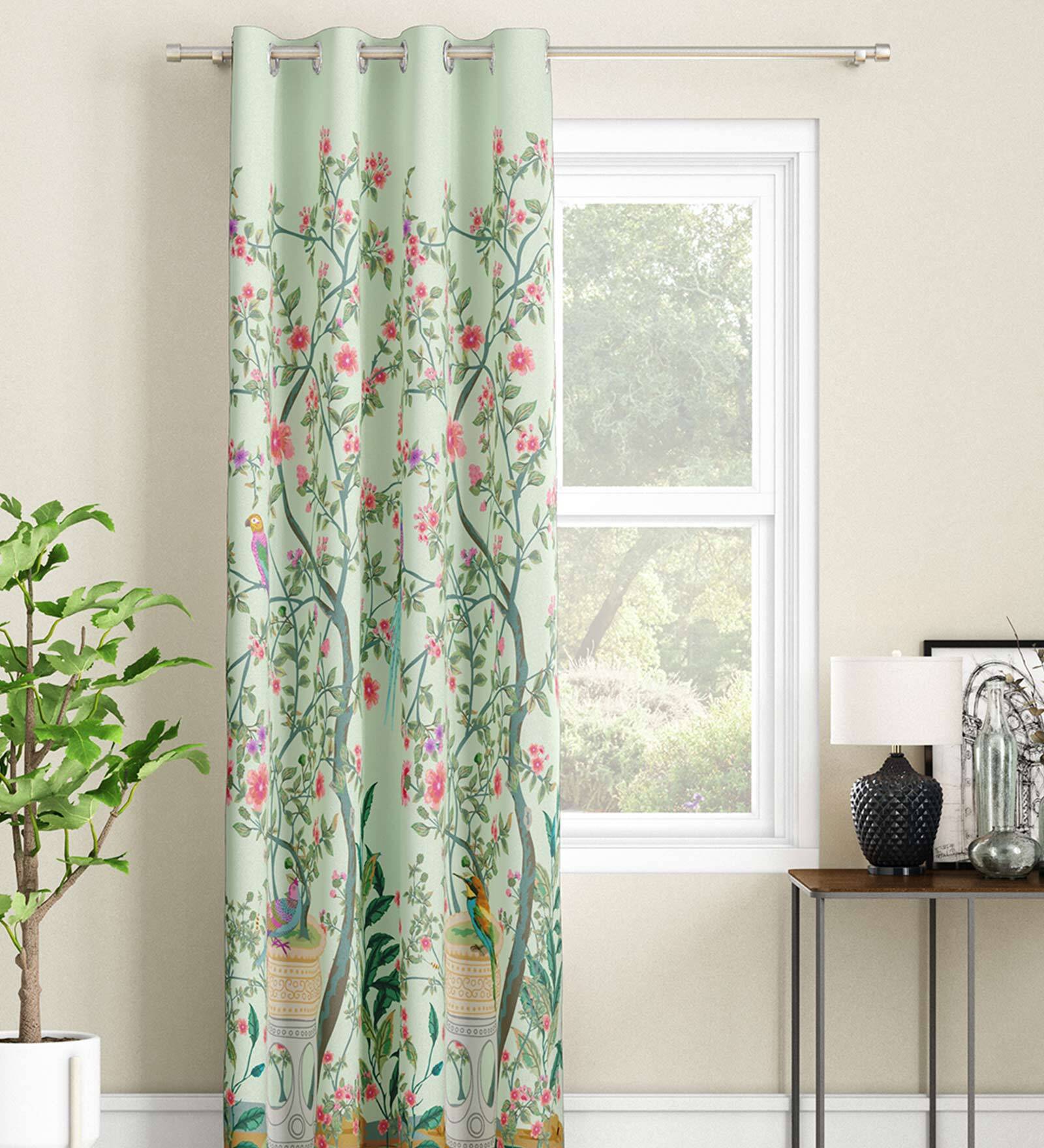 Green Floral Polyester 9 Ft Light Filtering Eyelet Door Curtain