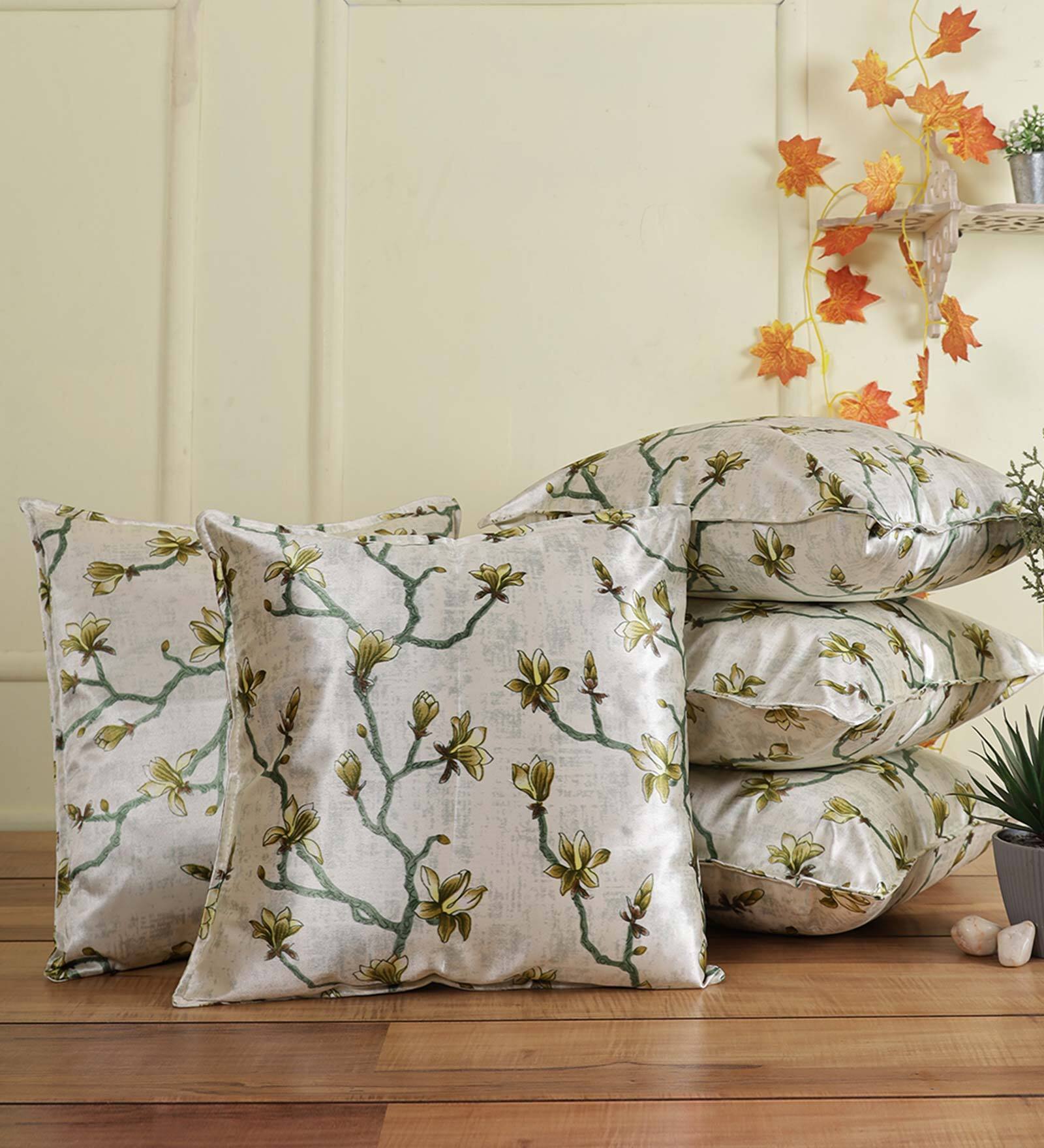 Green Floral Polyester Blend 16 x 16 Inch Cushion Covers (Set of 5)