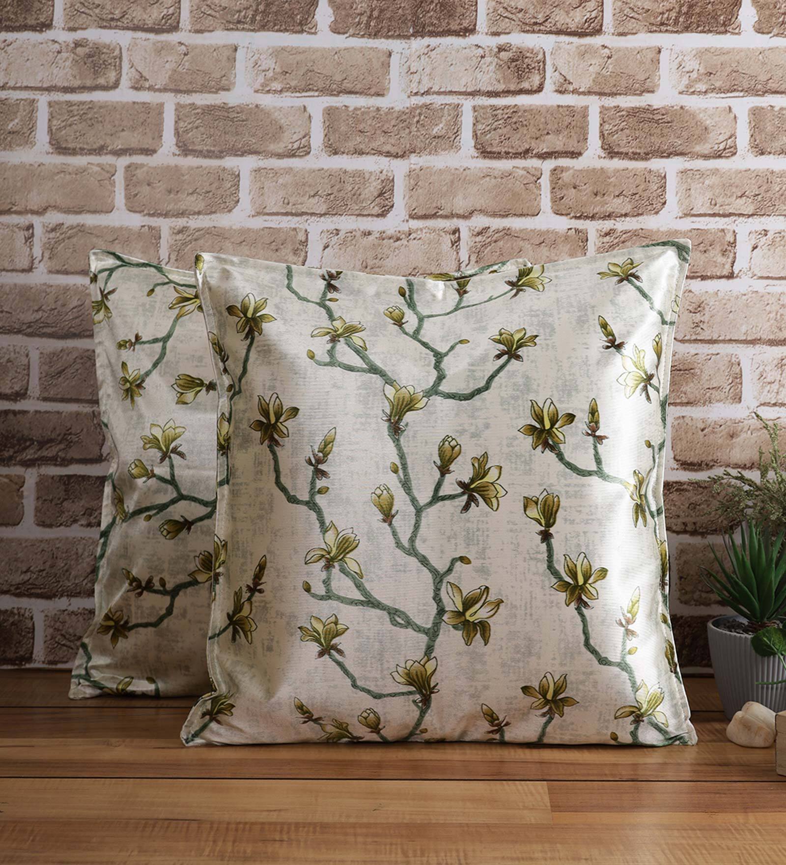 Green Floral Polyester Blend 24 x 24 Inches Cushion Covers (Set of 2)