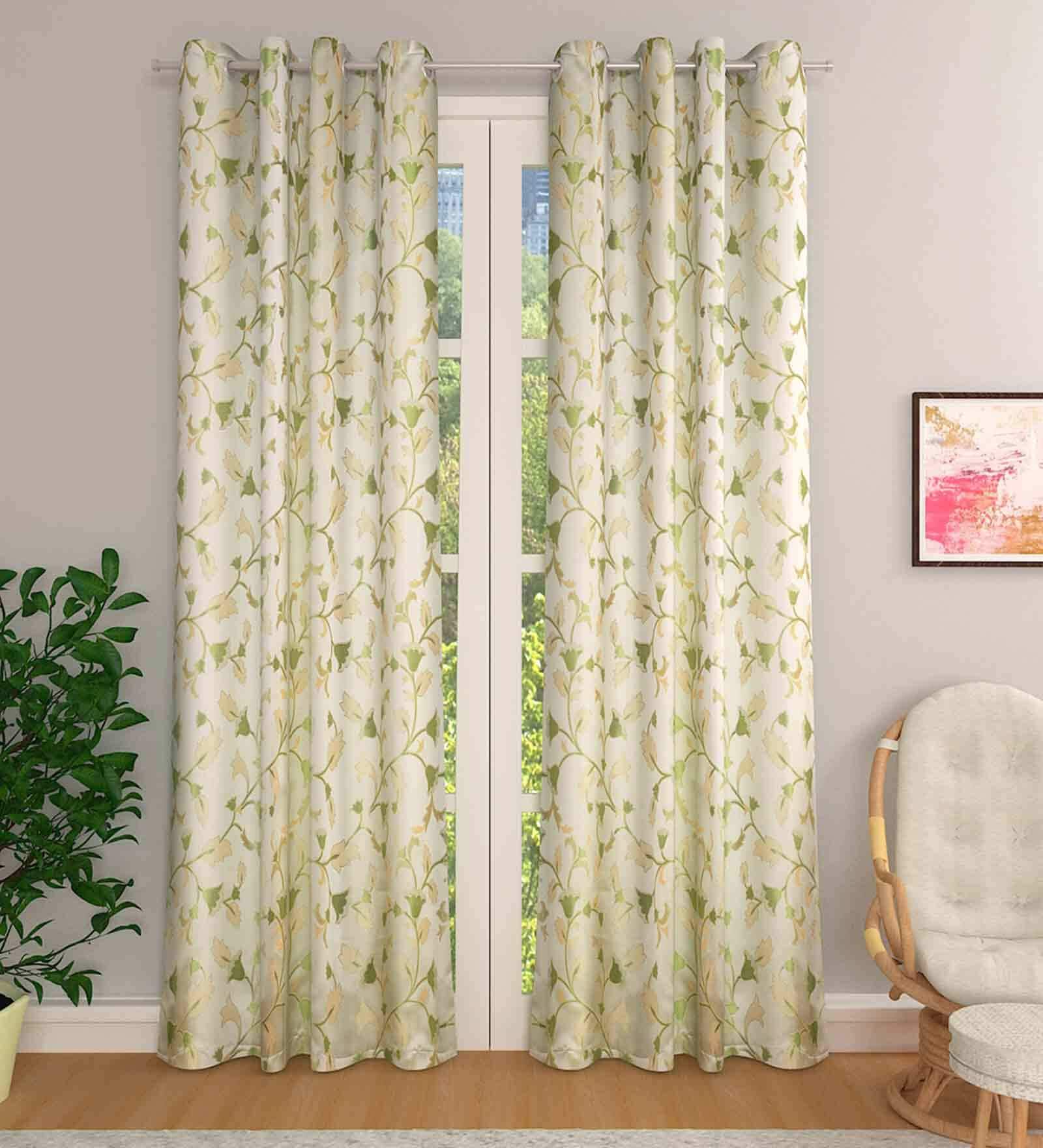 Green Floral Polyester 8 Ft Light Filtering Eyelet Door Curtain