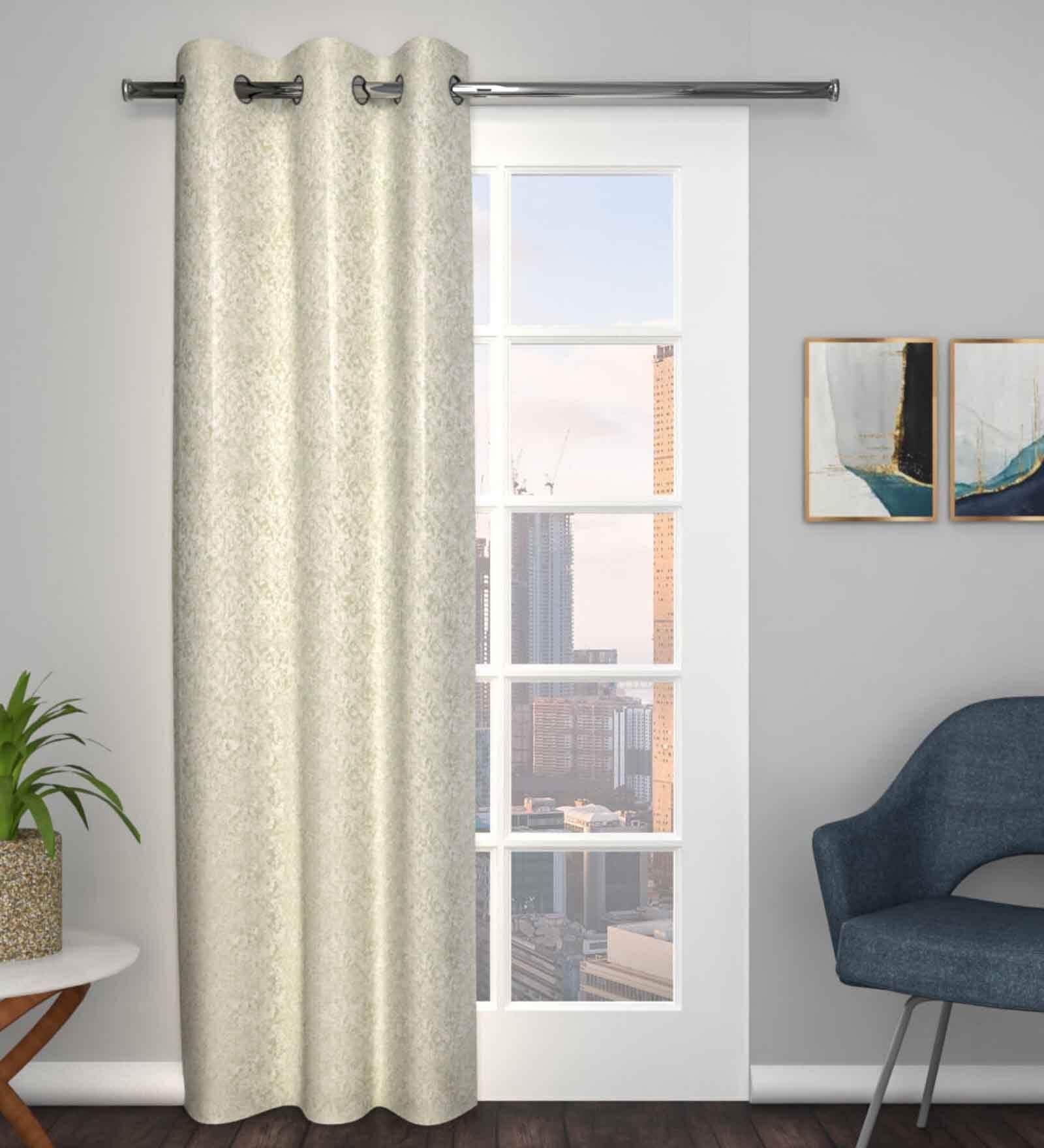 green Polyester Blend Geometric 7ft Light Filtering Eyelet Door Curtain