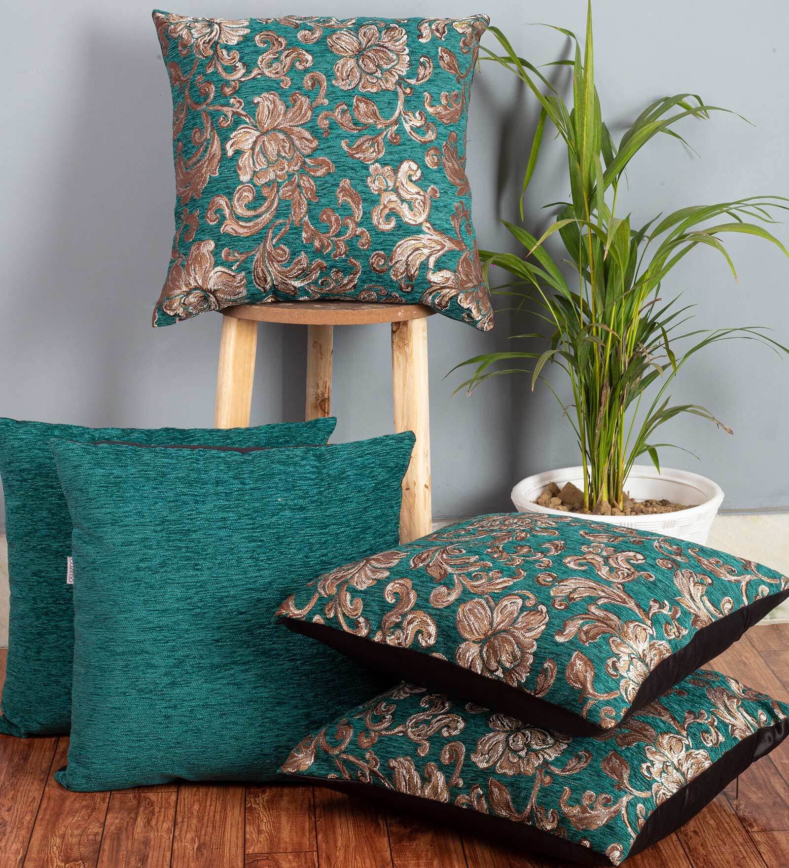 Green Floral Polyester 16 x 16 Inches Cushion Covers (Set of 5)