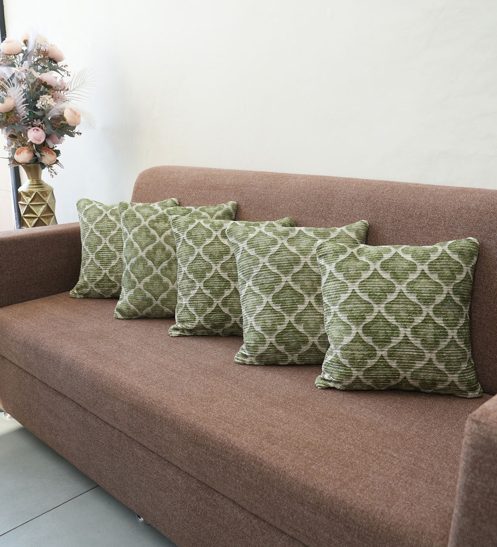 Green Polyester Floral 16x16 inches Cushion Covers Set of 5