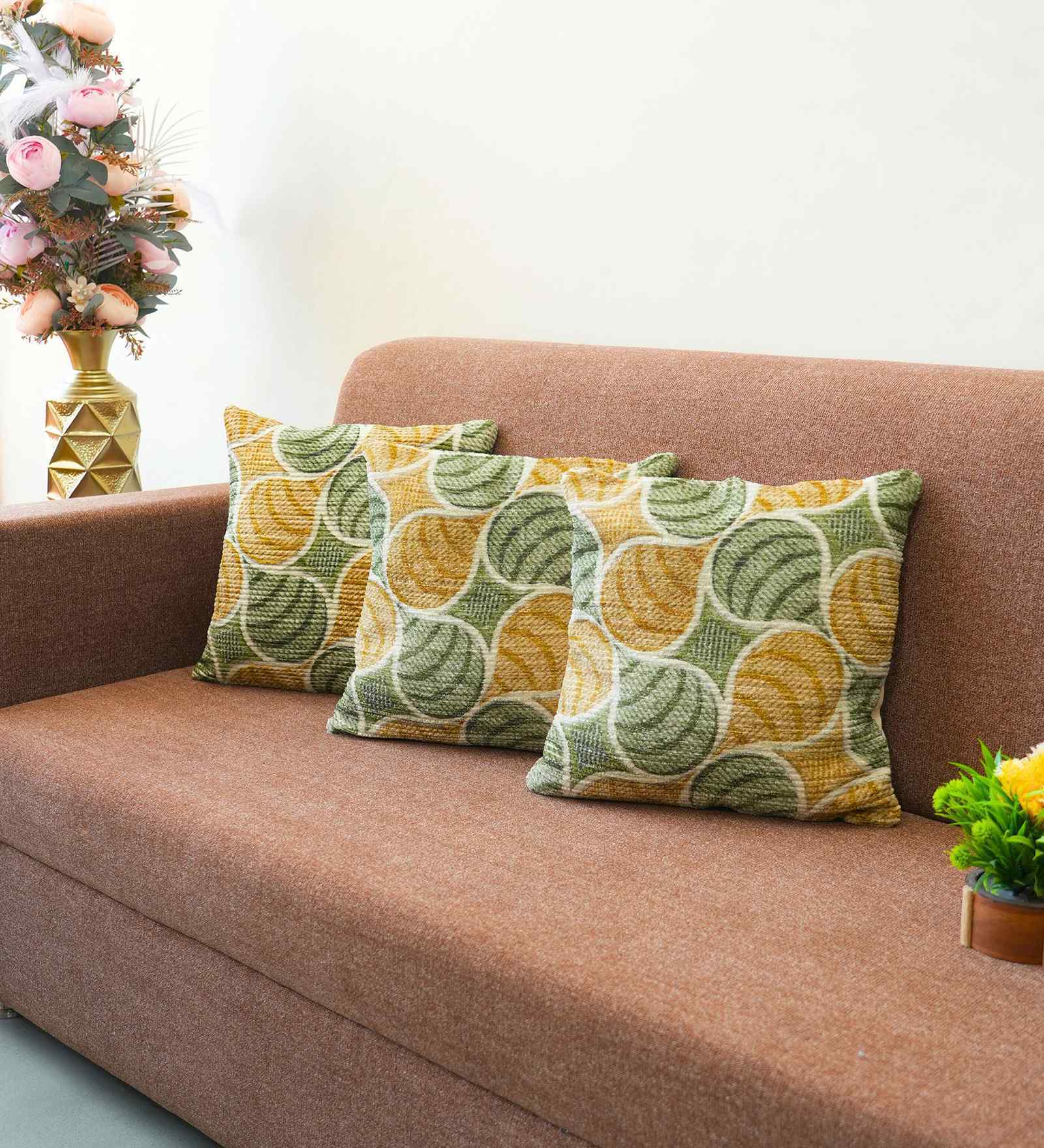 Green Polyester Floral 16x16 inches Cushion Covers Set of 3