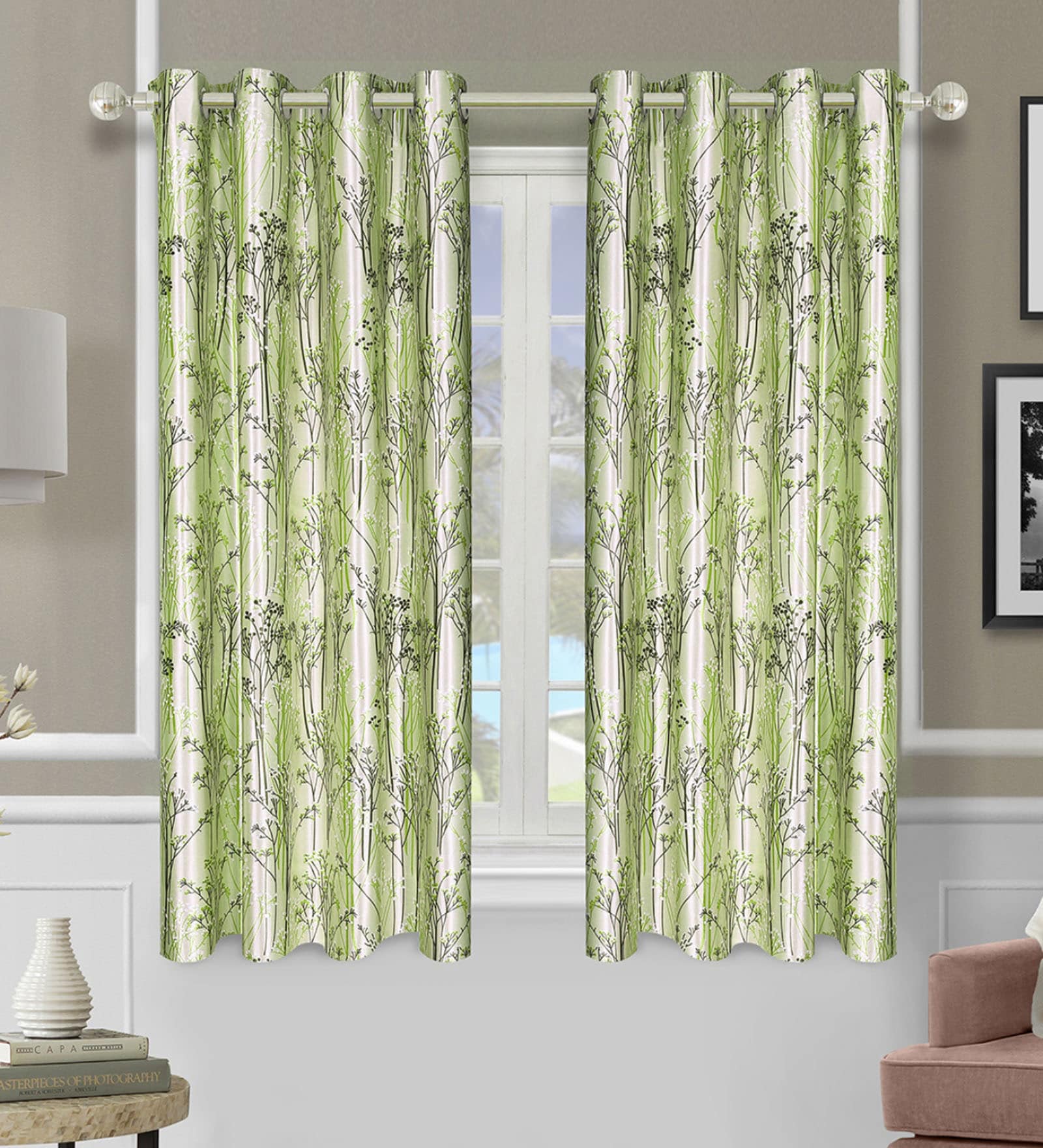 Green Polyester Floral Light Filtering Eyelet 5 Feet Window Curtains (2 Pc)