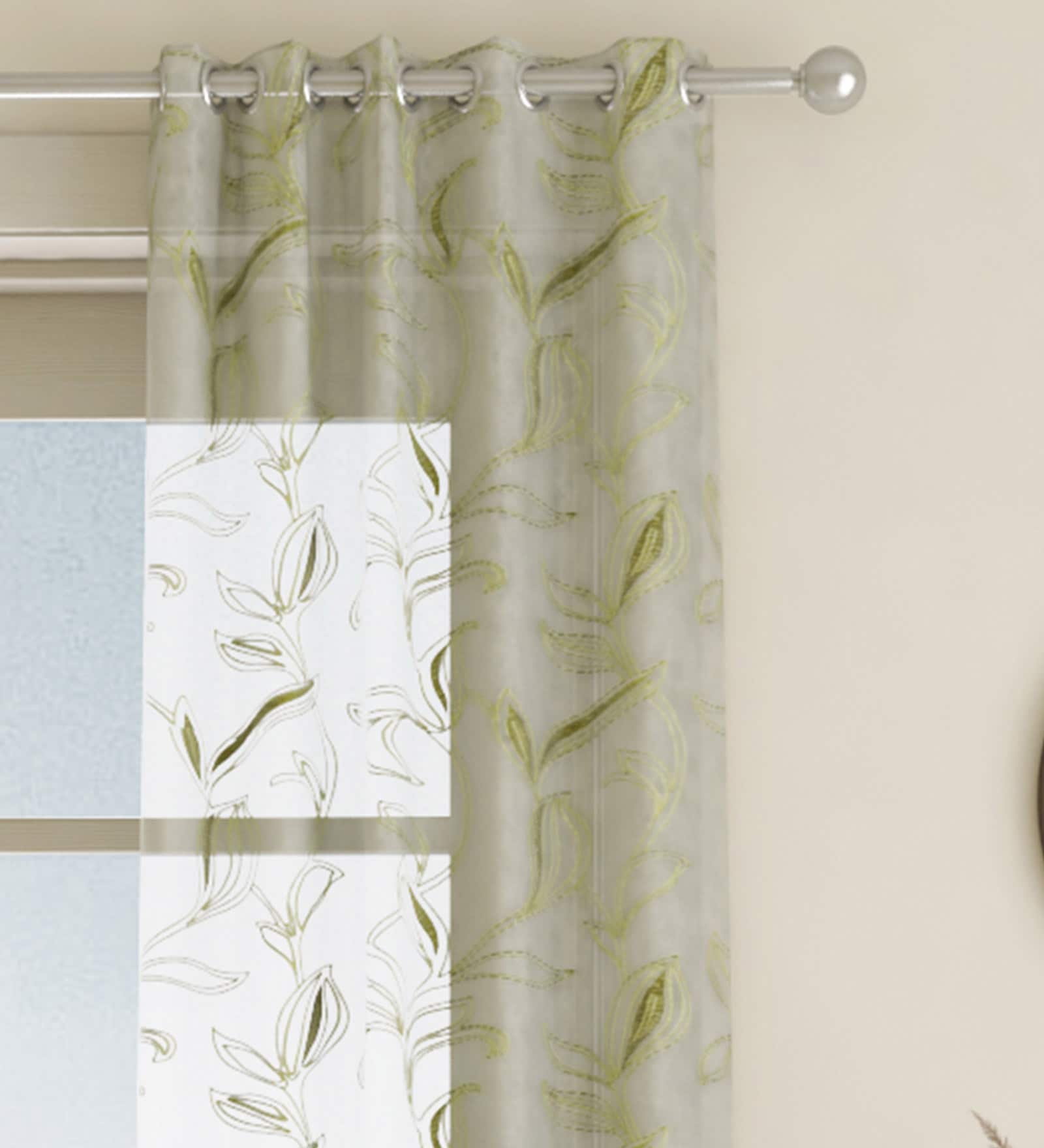 Green Floral Polyester 7 Ft Sheer Eyelet Door Curtain