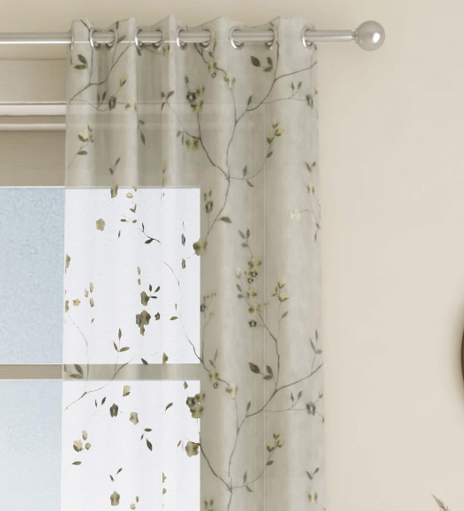 Green Floral Polyester 7 Ft Sheer Eyelet Door Curtain