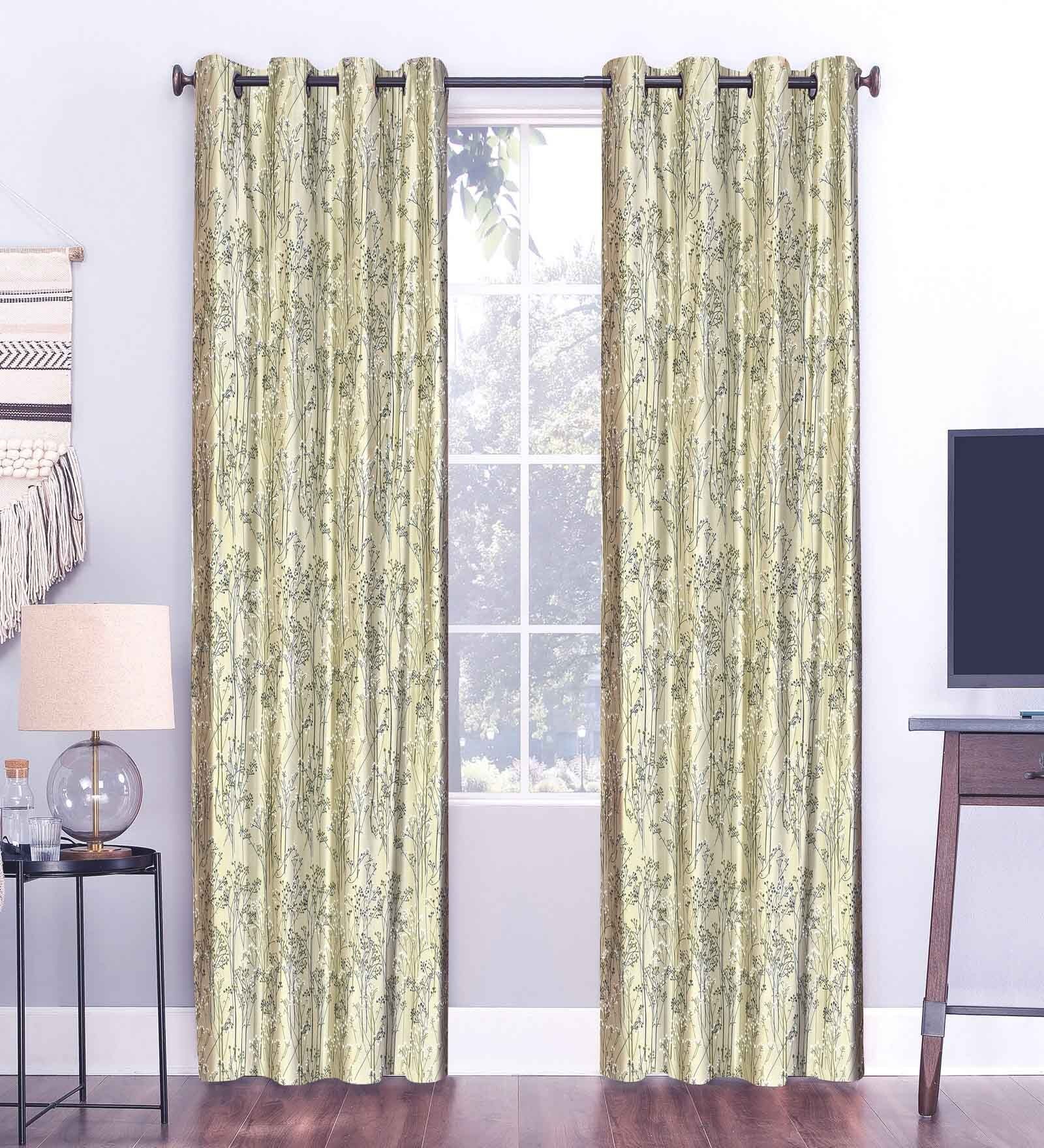 Green Floral Polyester 8 Ft Semisheer Eyelet Door Curtains (Set of 2)