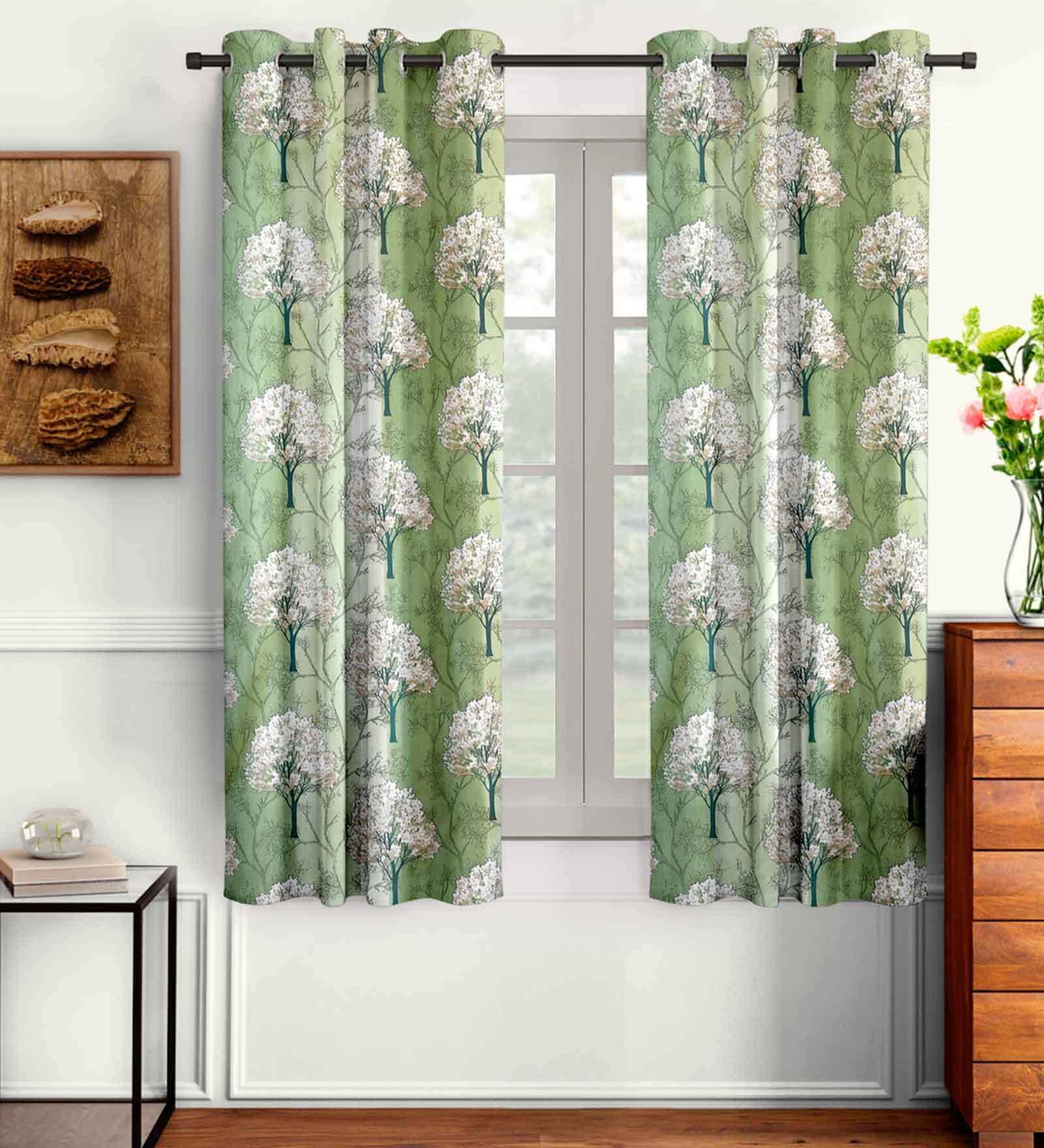 Green Floral Polyester 5 Ft Semisheer Eyelet Window Curtains (Set of 2)
