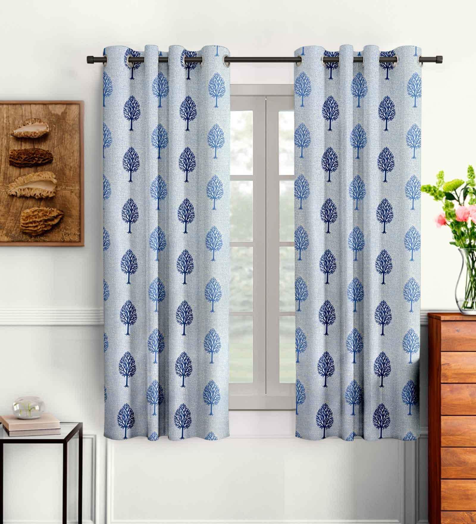 Blue Floral Polyester 5 Ft Semisheer Eyelet Window Curtains (Set of 2)