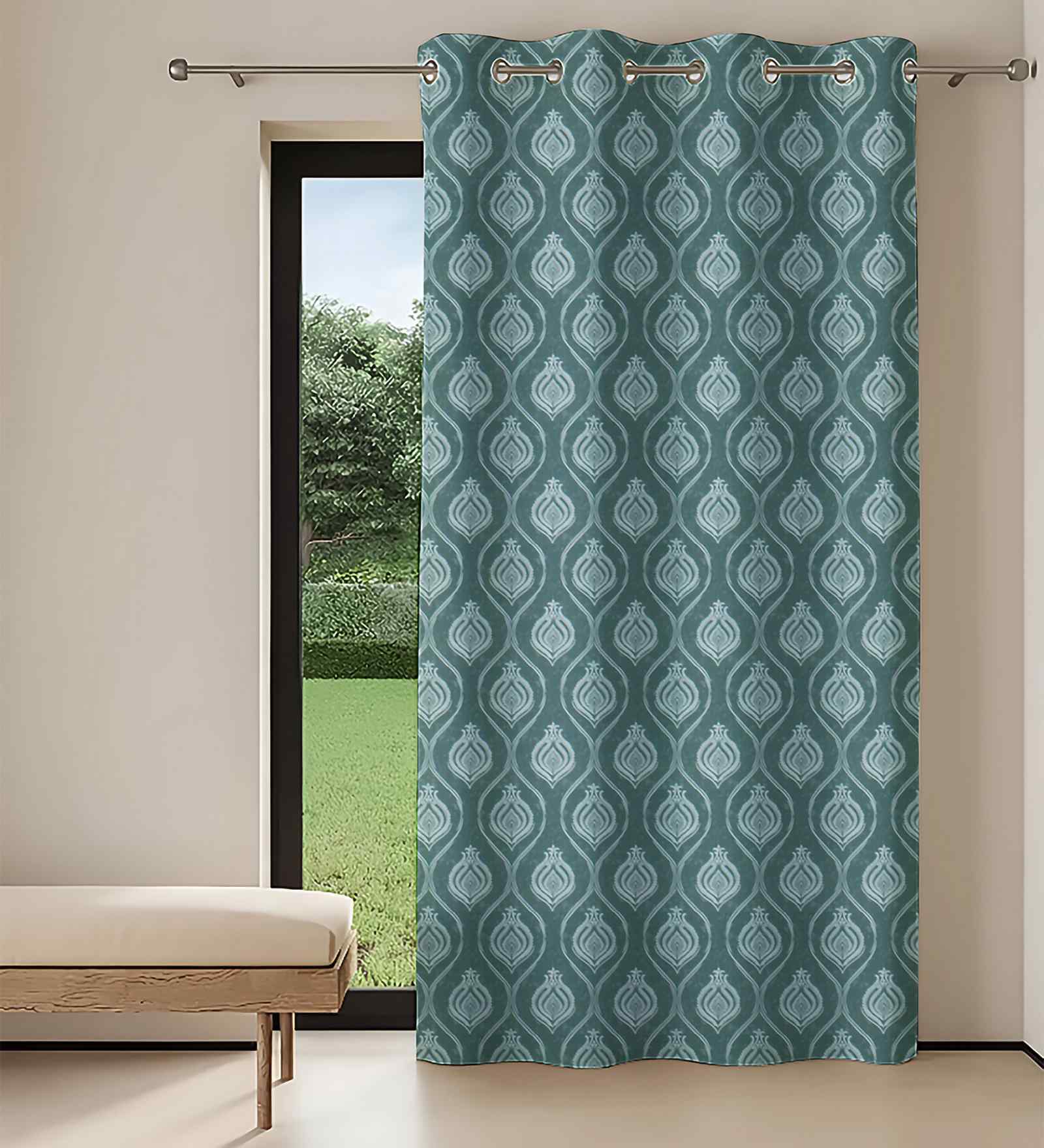 Green Polyester Geometric 7ft Regular Eyelets Door Curtain (1 Pc)