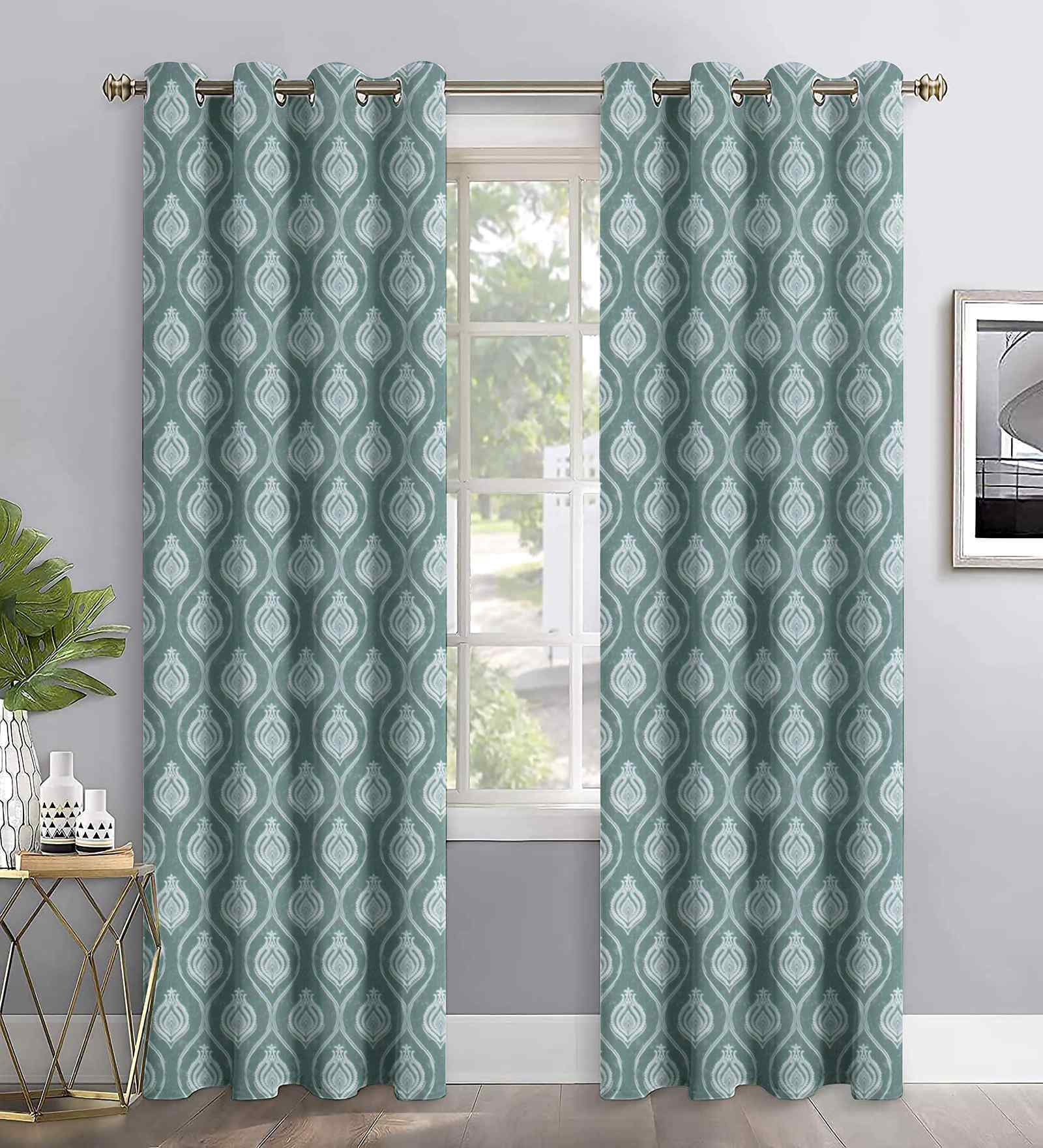 Green Polyester Geometric 7ft Regular Eyelets Door Curtain (2 Pc)