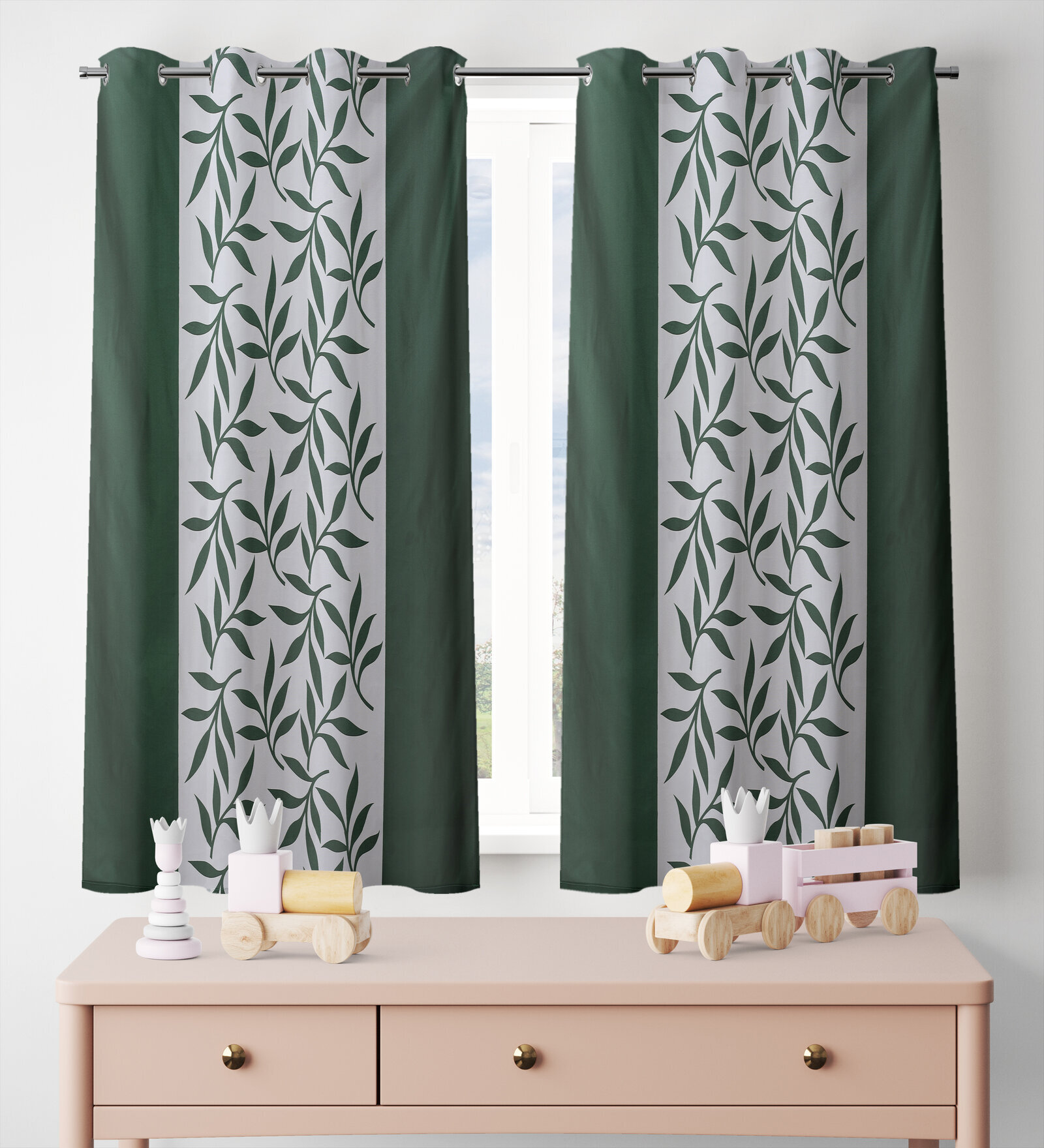 Green Polyester Leaf 5ft Blackout Eyelet Door Curtain (2 Pc)