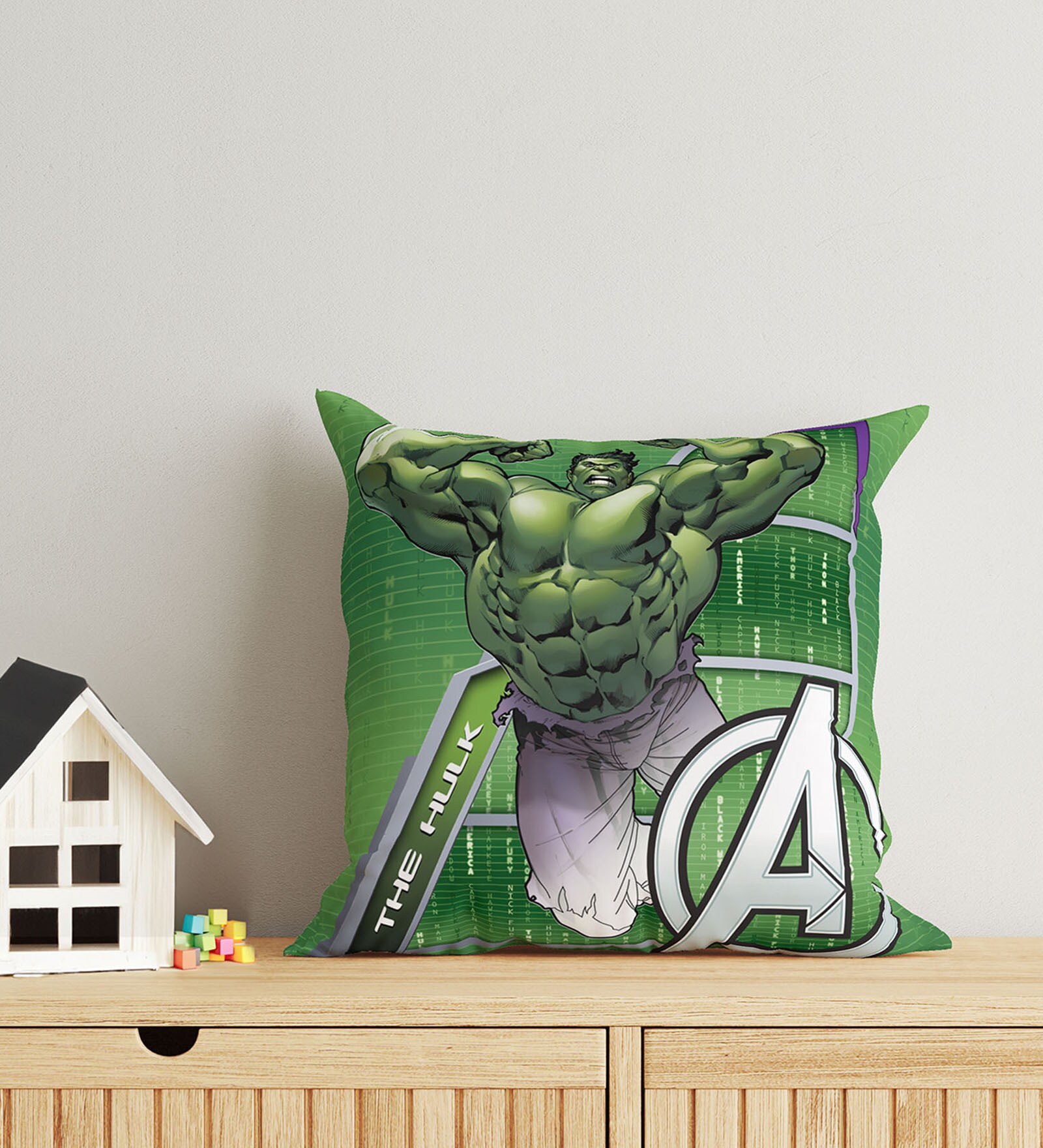 Green Polyester Marvel 16x16 inches Reversible Kids Cushion (1 Pc)