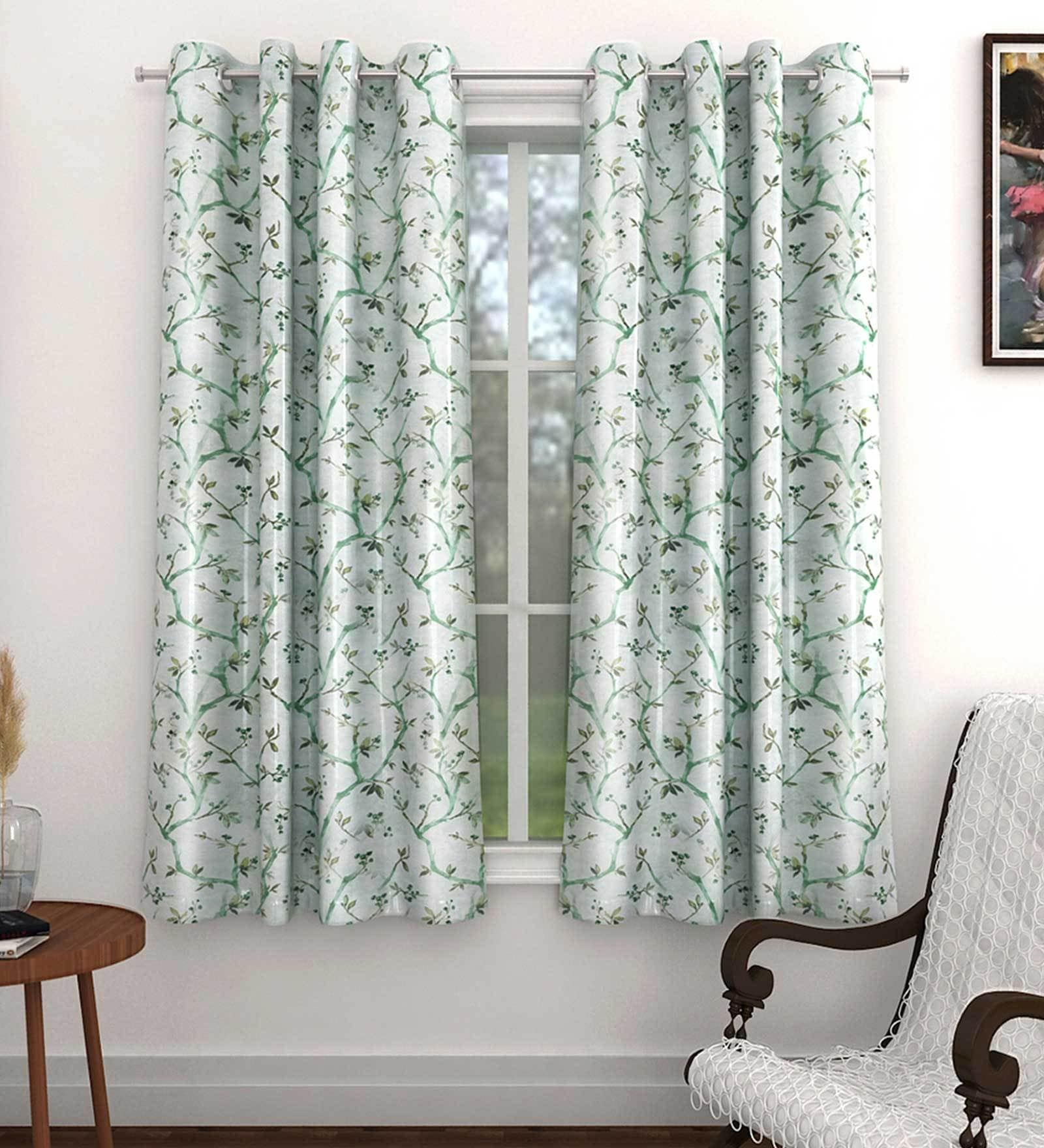 Green Floral Polyester 5 Ft Light Filtering Eyelet Window Curtain