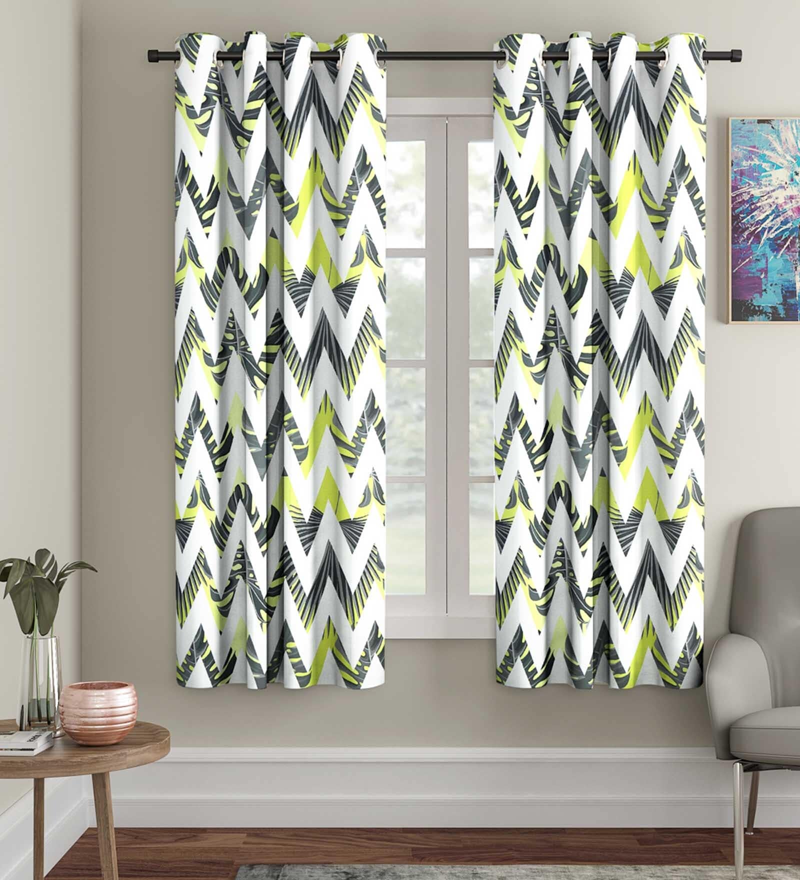 Green Geometric Polyester 5 Ft Semisheer Eyelet Window Curtains (Set of 2)