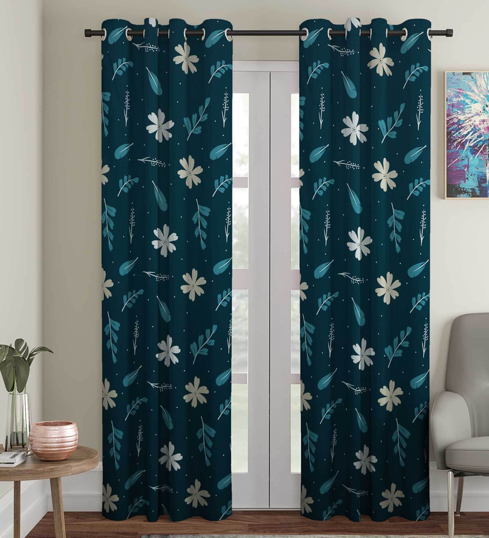 Green Floral Polyester 7 Ft Semisheer Eyelet Door Curtains (Set of 2)