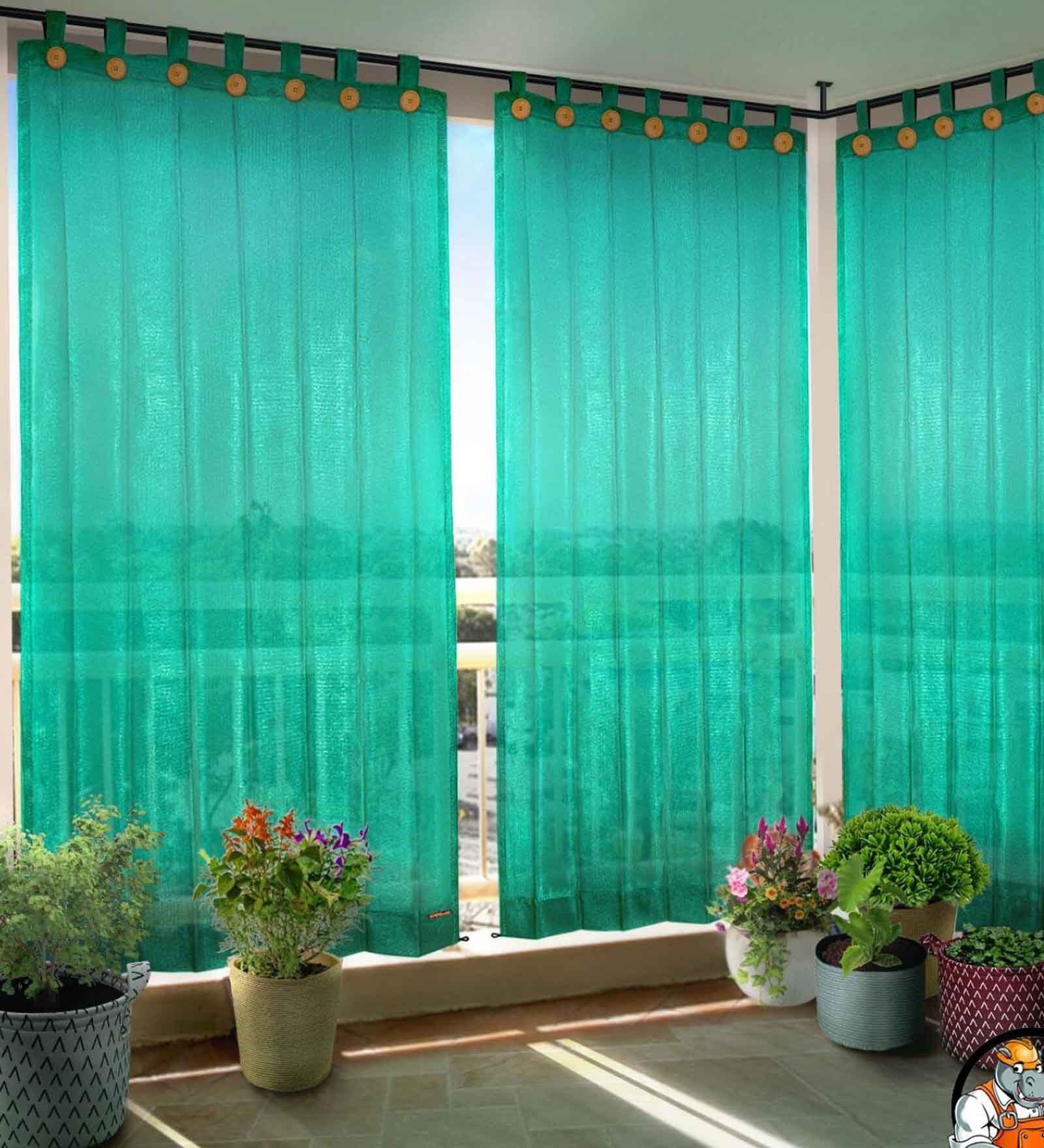 Green Polyester Solid 9 ft Semisheer Loop Top Door Curtains (Set of 2)