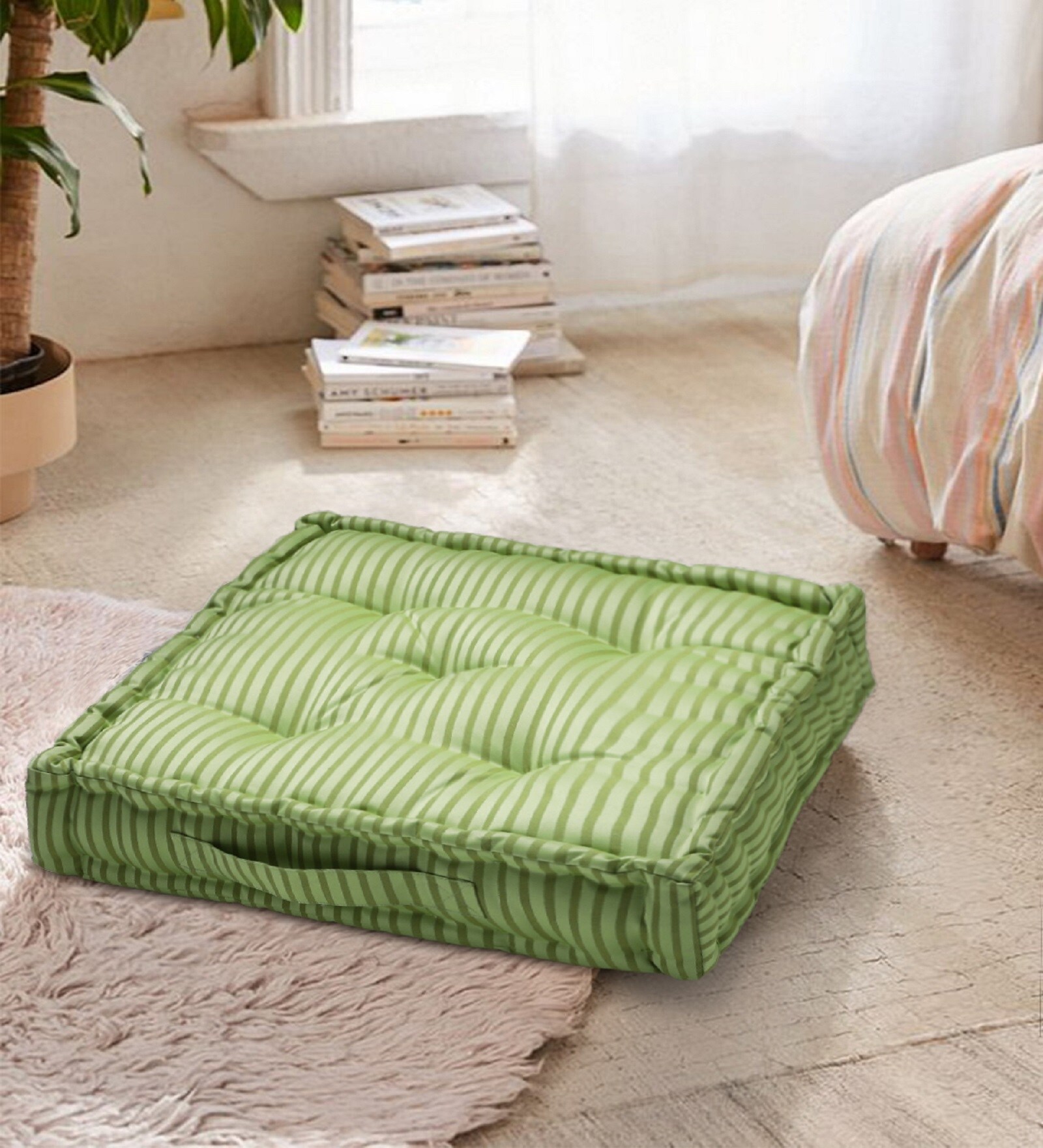 Green Striped Polyester 20x20 Inches Floor Cushion