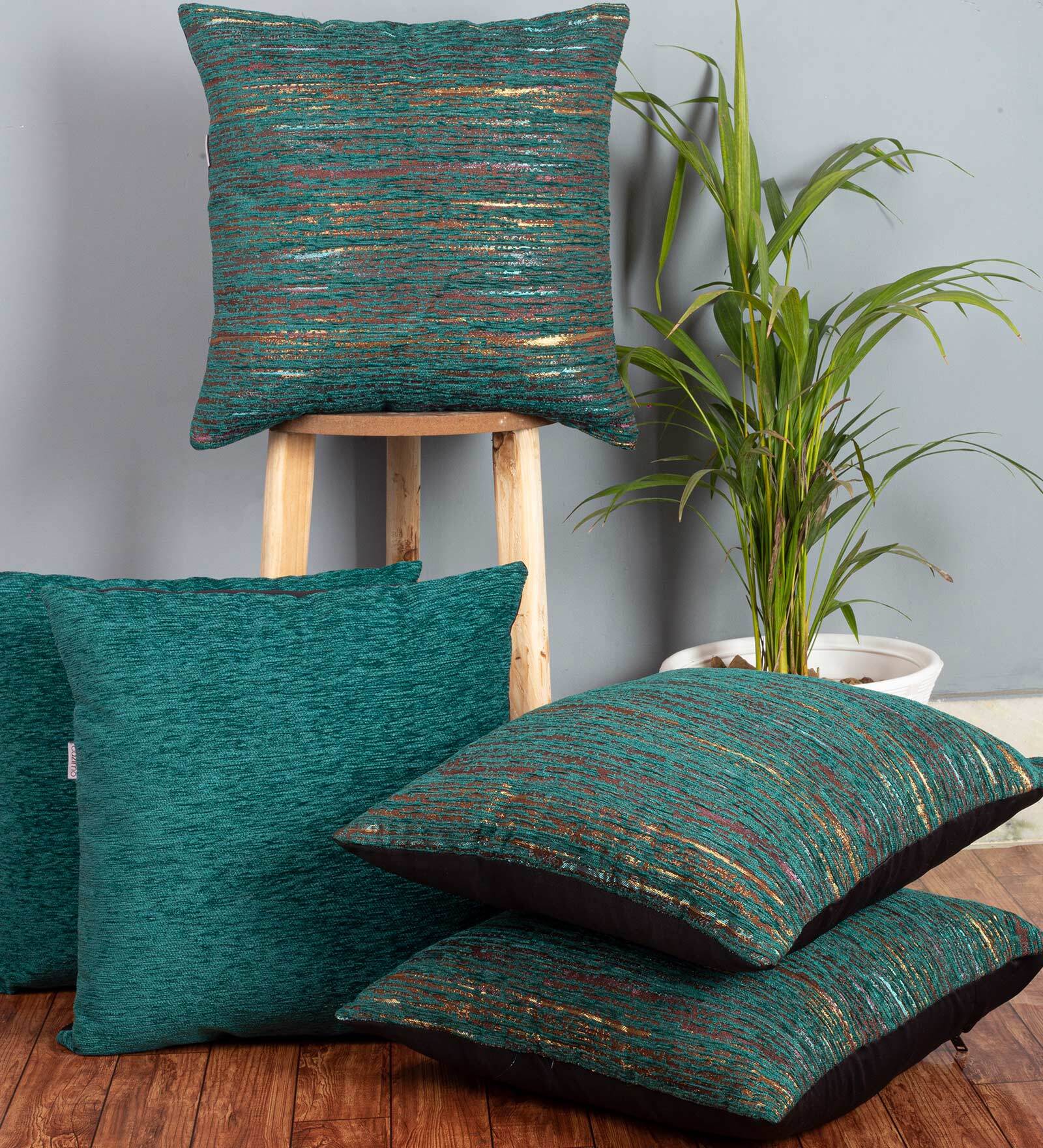 Green Textured Polyester 16 x 16 Inches Cushion Covers (Set of 5)