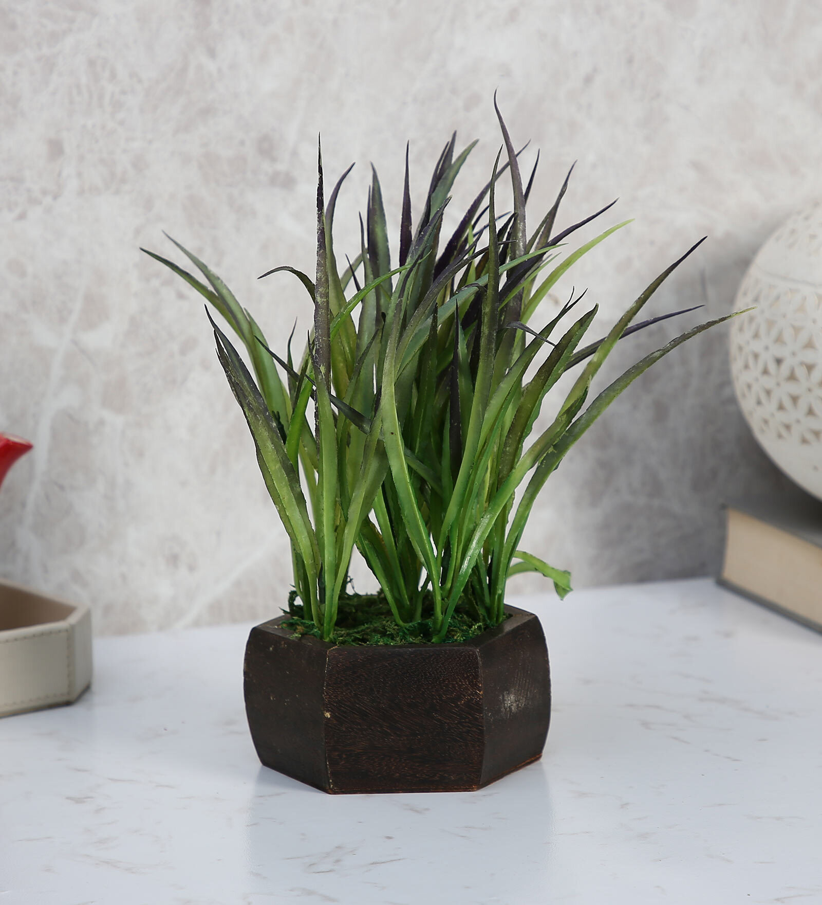 Buy Green Polyester Yucca Green Artificial Plant With Wooden Pot by