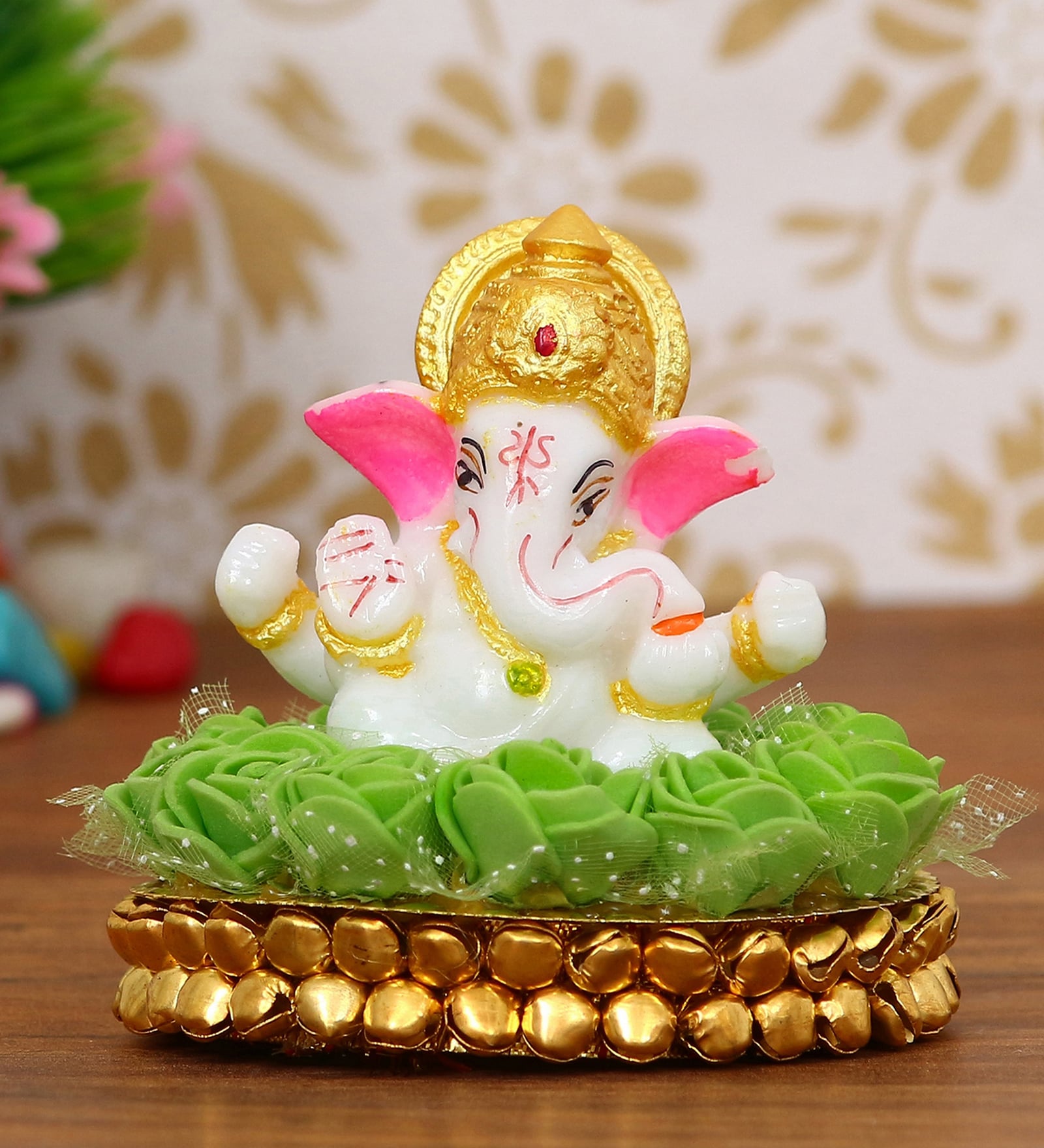 Lord Ganesha Green & White Polyresin Idol