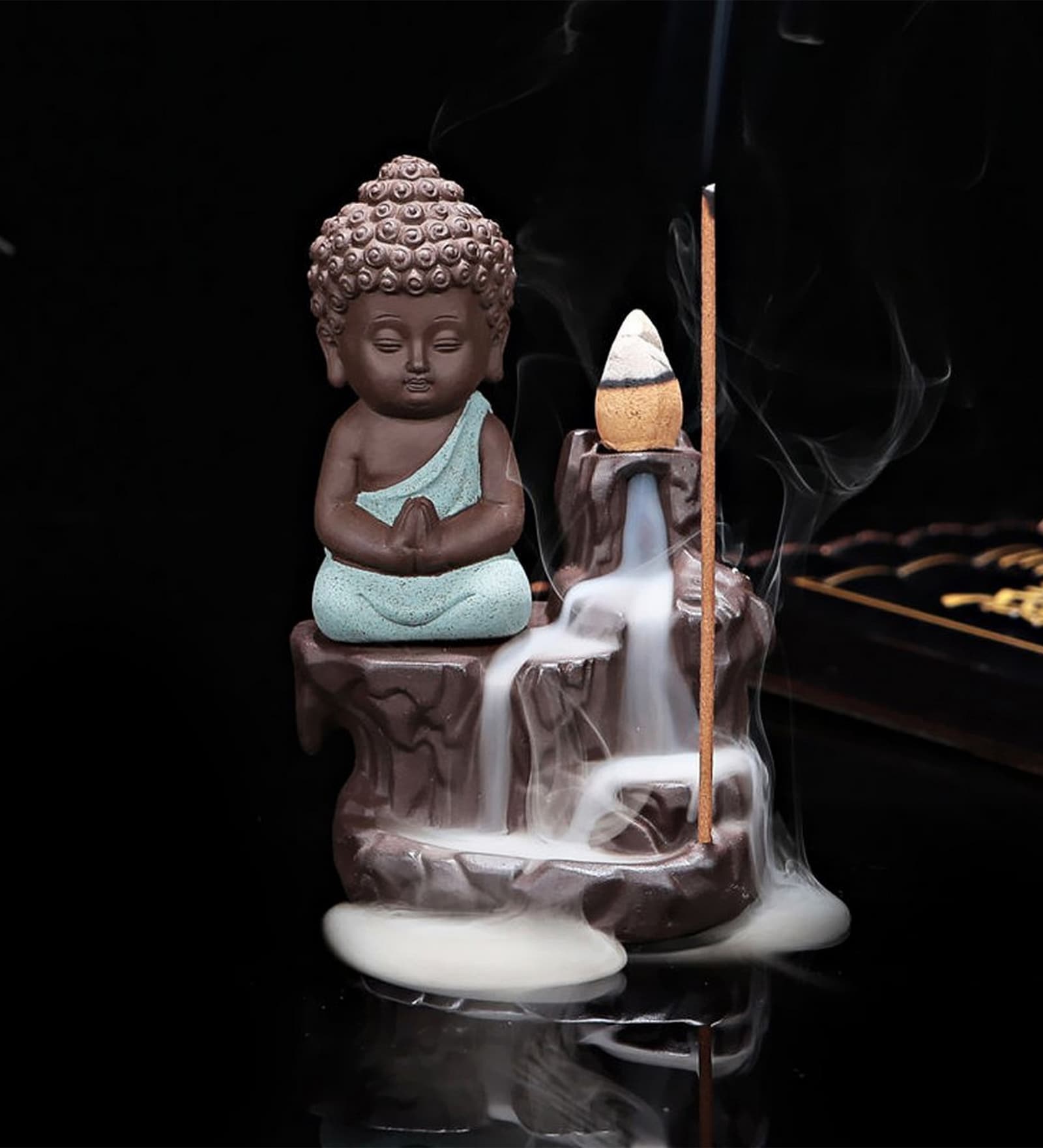Green Meditating Monk Buddha Smoke Fountain with 10 Backflow Cone Decorative Incense Holder