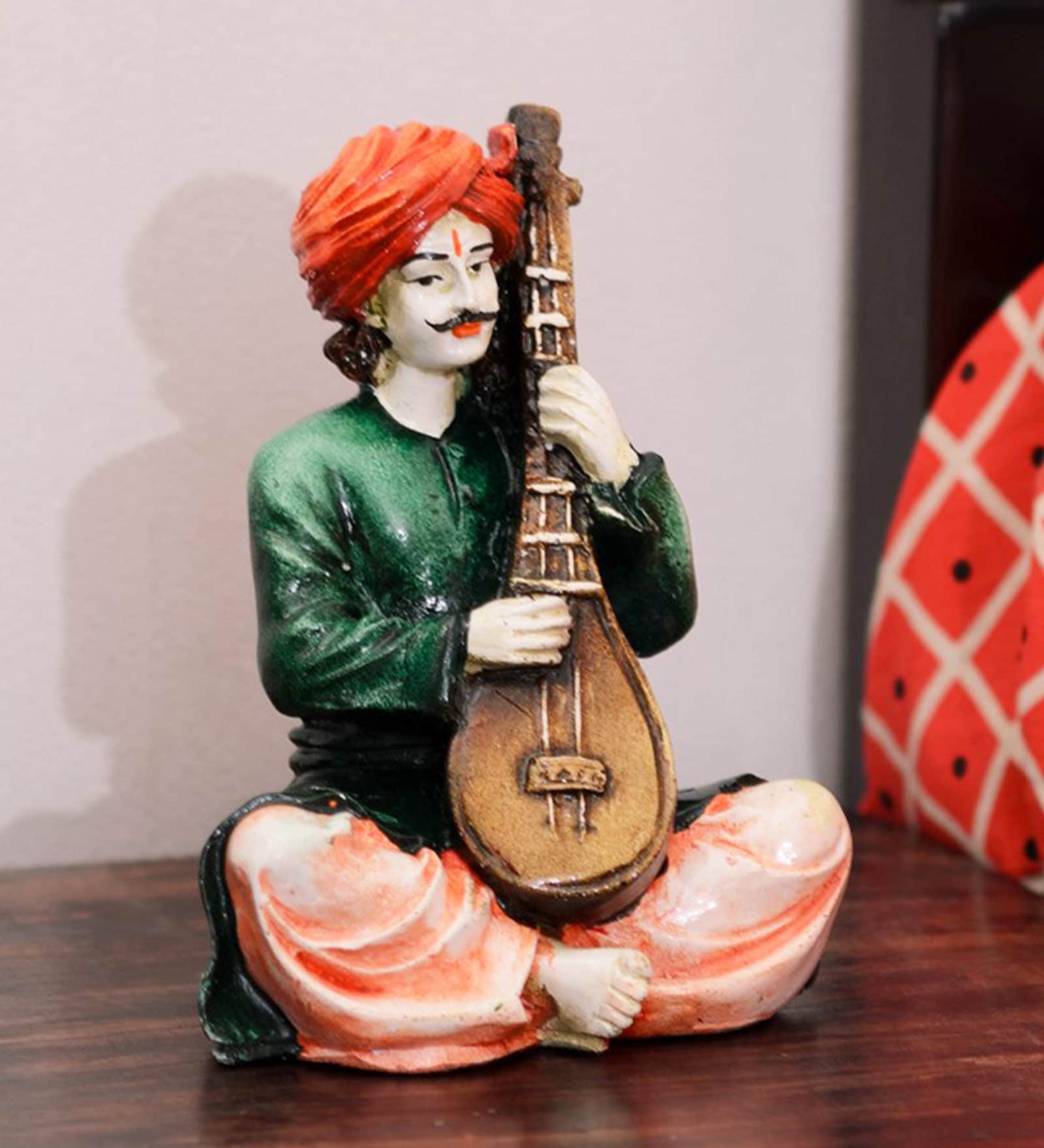 Green Polyresin Rajasthani Playing Sitar Musical Instrument