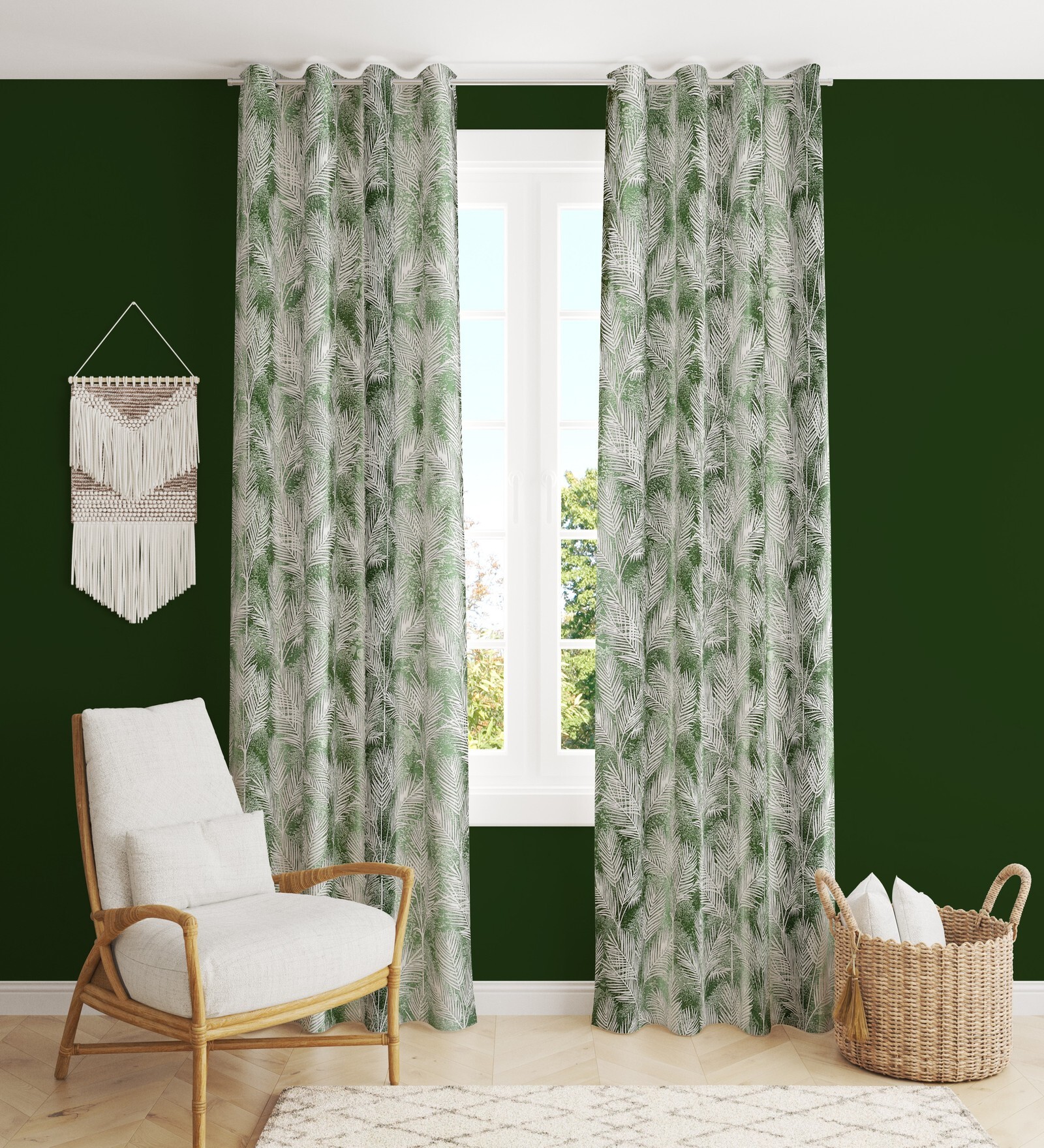 Green Poleyster Camrin Leaves 5 Feet Semi Transperency Ring Top Window Curtains 2Pcs