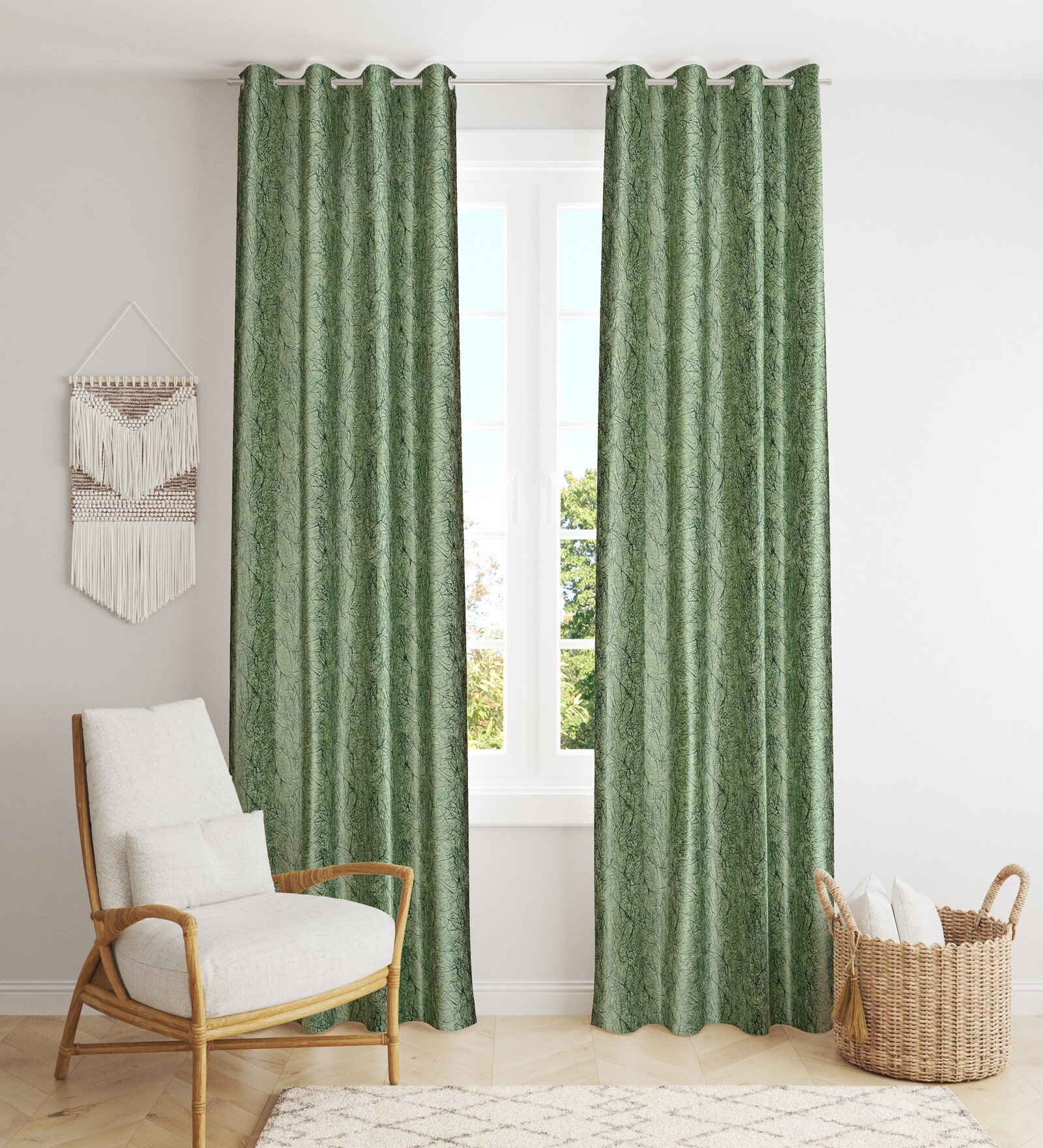 Green Poleyster Camrin Leaves 9 Feet Semi Transperency Ring Top Long Door Curtains 2Pcs