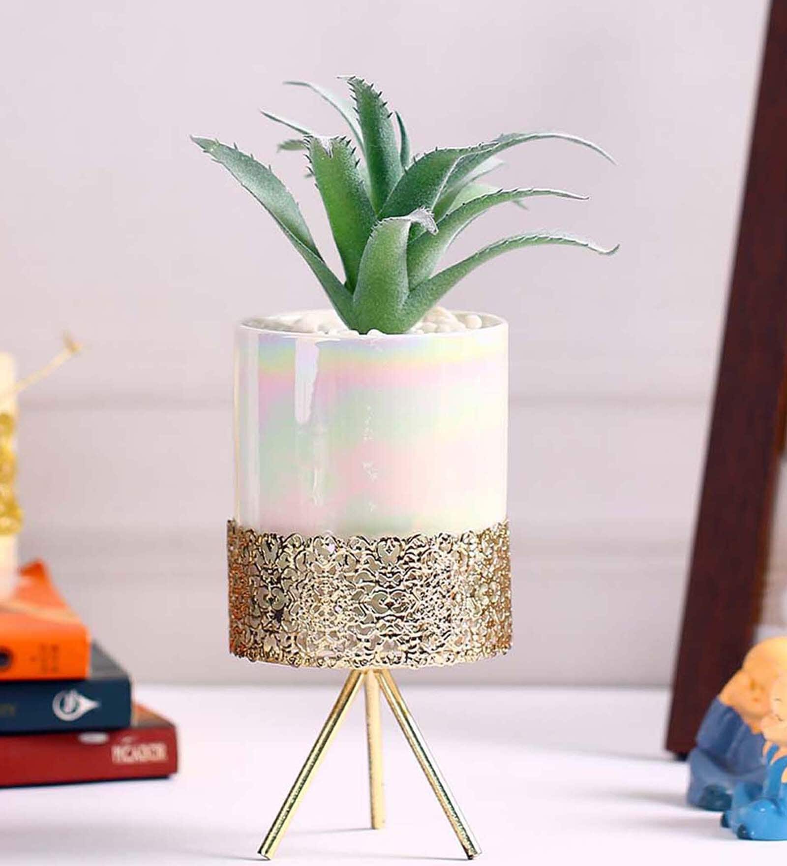 Polyurethane Wade Green Succculent In Ceramic Pot With Metal Stand Artificial Plant