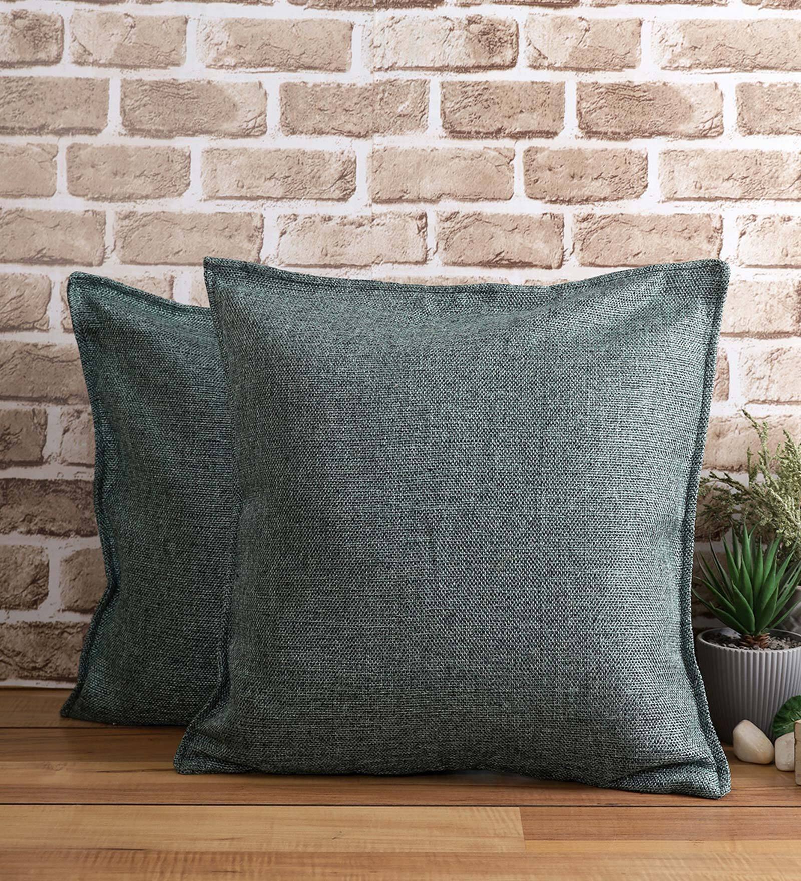 Green Solid Jute 18 x 18 Inches Cushion Covers (Set of 2)