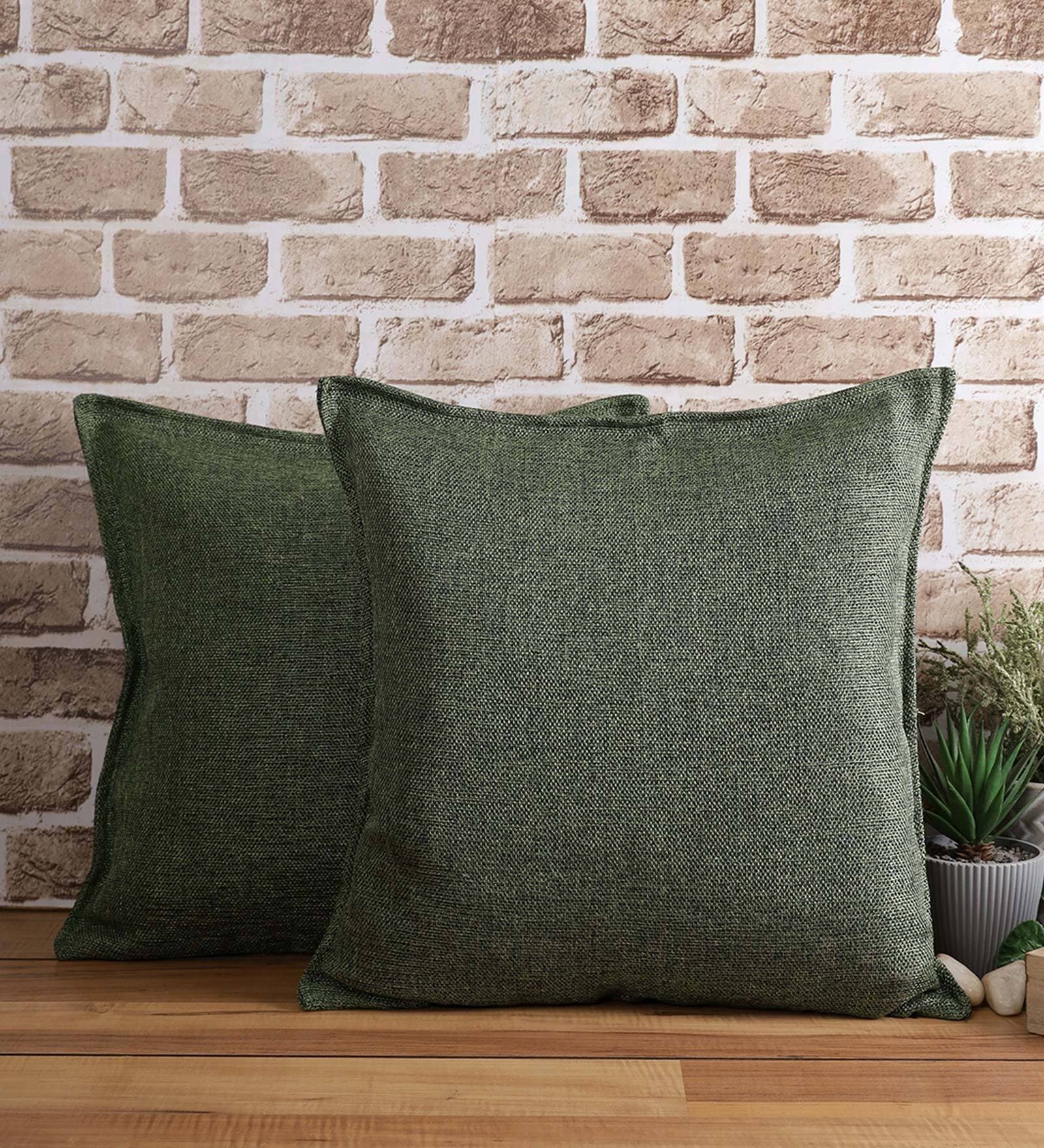 Green Plain Solid Jute 24 x 24 Inches Cushion Covers (Set of 2)