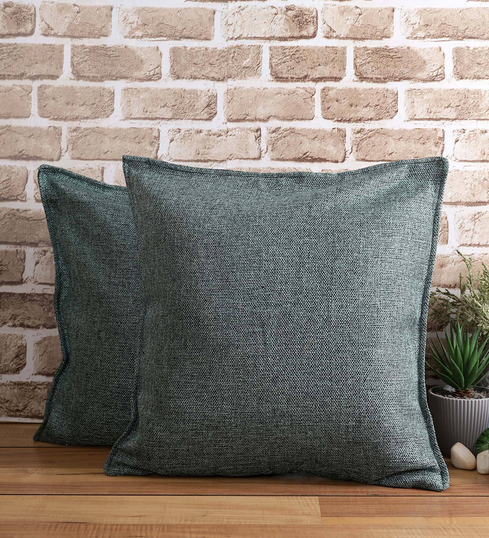 Green Solid Jute 24 x 24 Inches Cushion Covers (Set of 2)