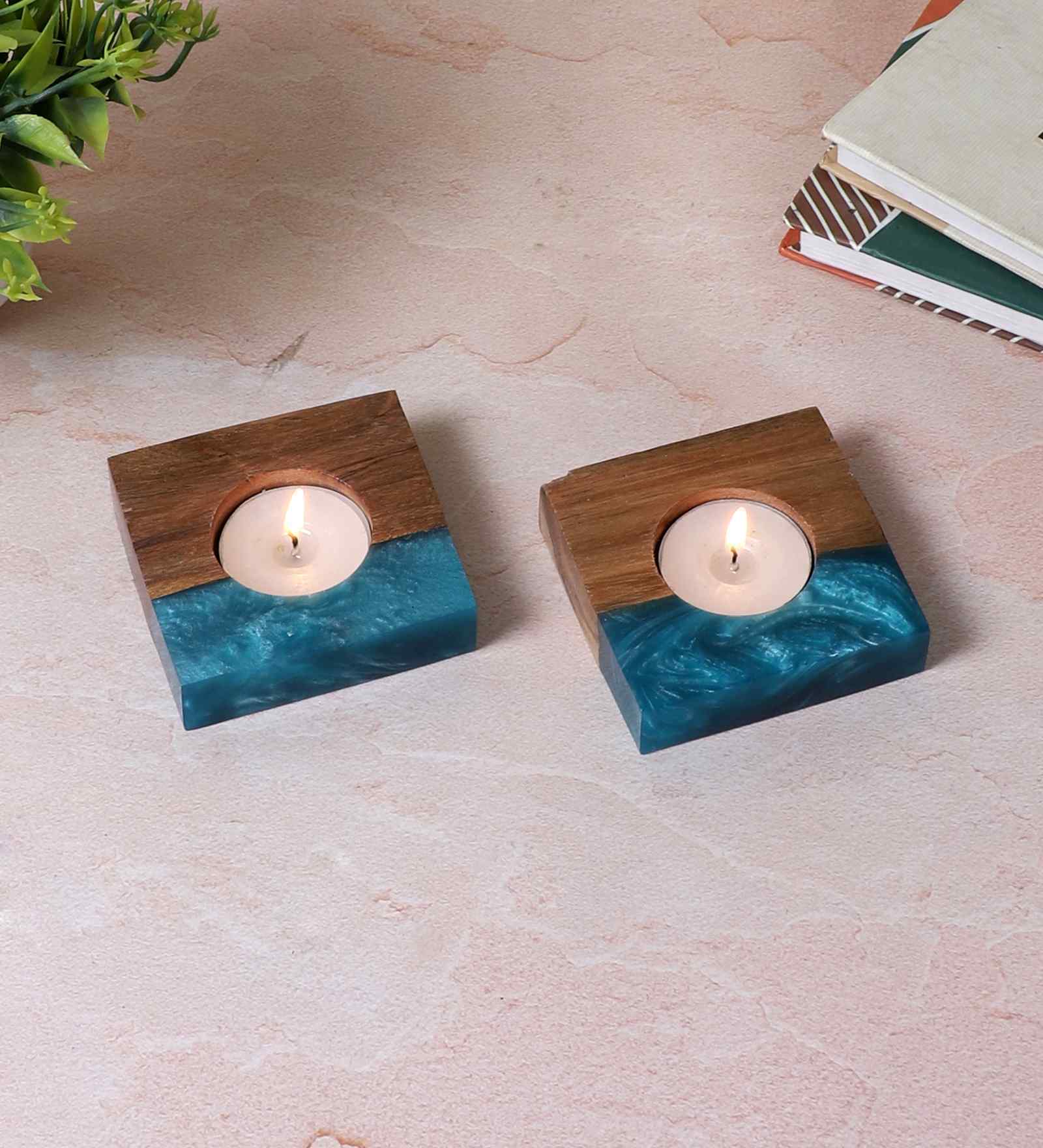Green Resin & Mangowood Tealight Holder Set of 2