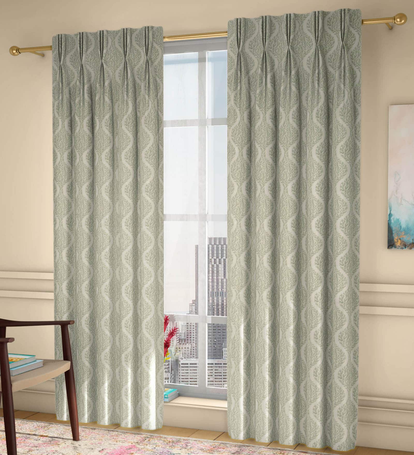 Green Abstract Poly Cotton 9 Ft Light Filtering Pinch Pleat Door Curtains (Set of 2)