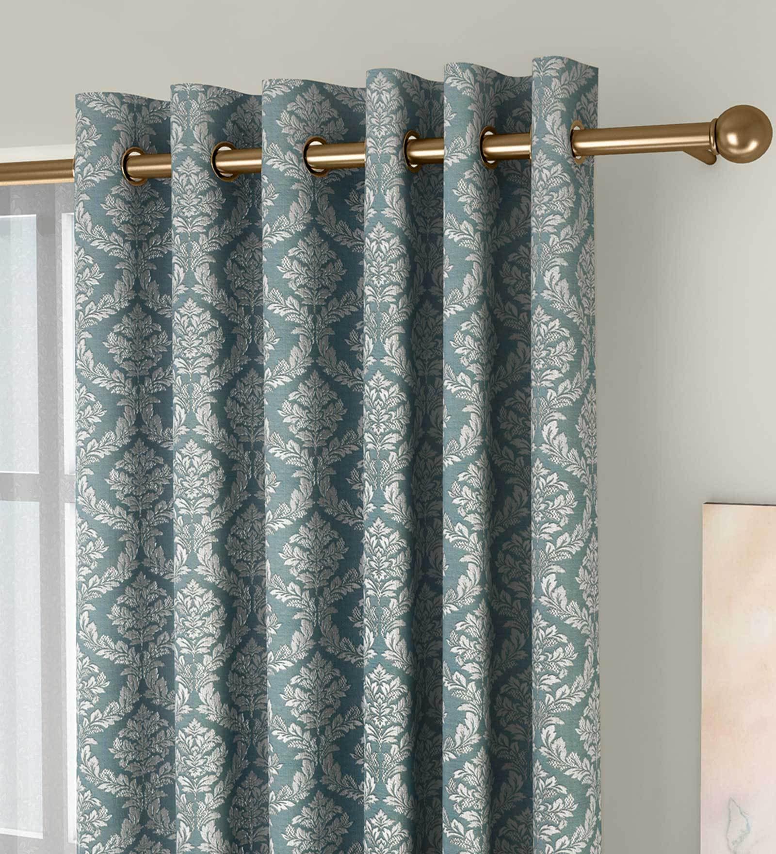 Green Floral Poly Cotton 5 Ft Light Filtering Eyelet Window Curtains (Set of 2)