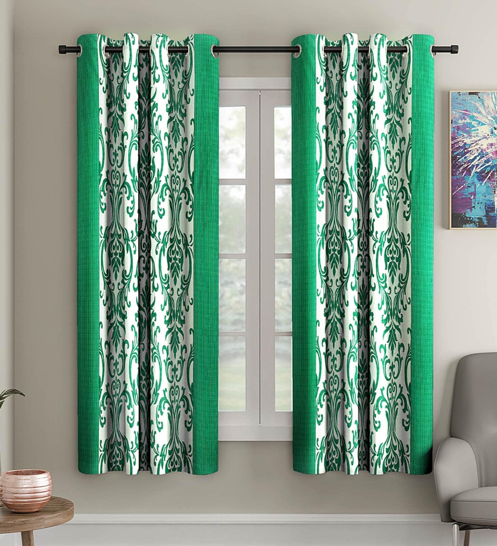 Green Traditional Polyester 5 Ft Semisheer Eyelet Window Curtains (Set of 2)