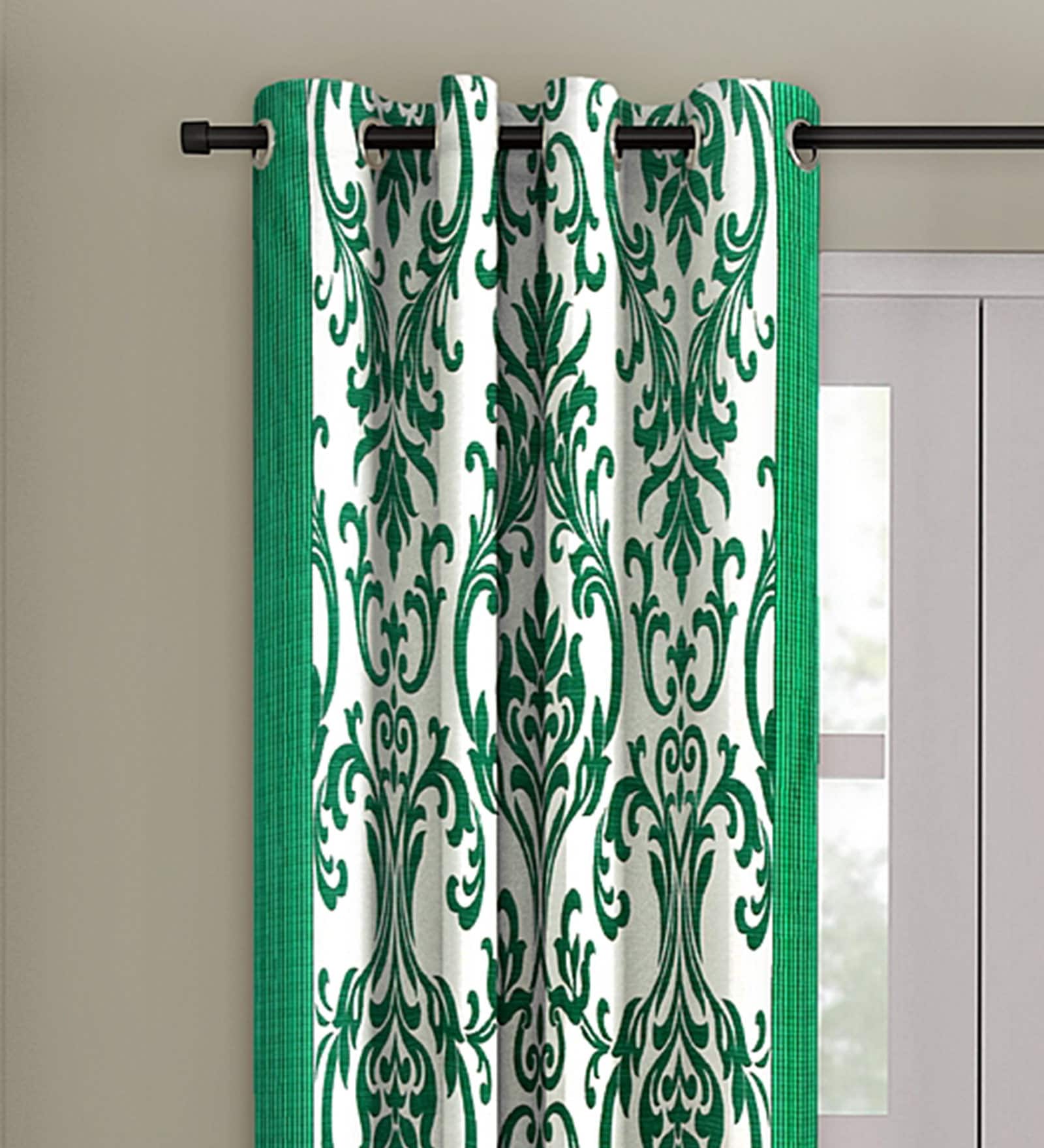 Green Floral Polyester 7 Ft Semisheer Eyelet Door Curtains (Set of 2)