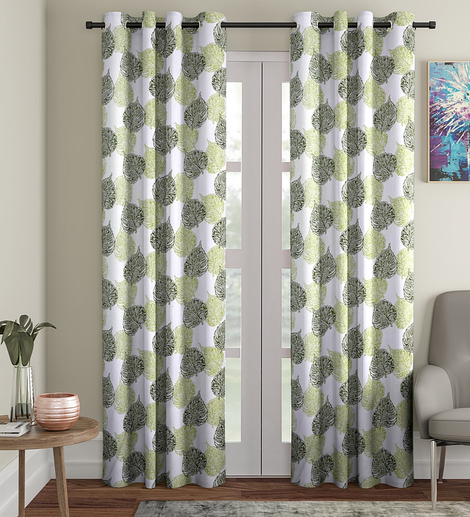 Green Floral Polyester 9 Ft Semisheer Eyelet Door Curtains (Set of 2)