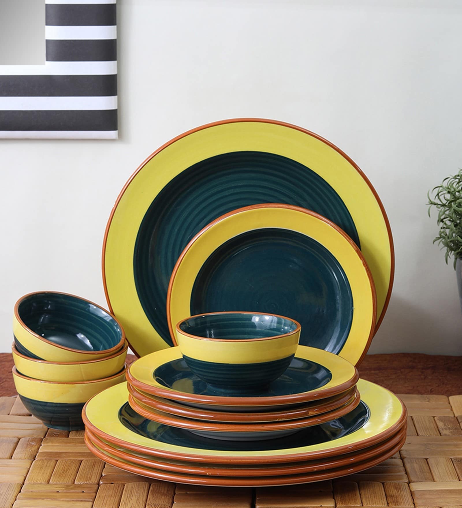 Sea Green & Yellow (Set of 12) Ceramic Dinner Set