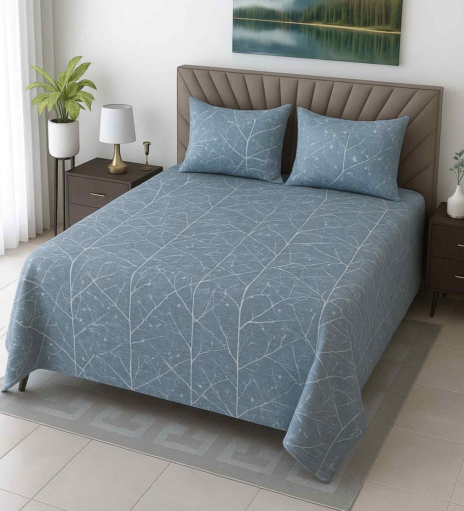 Green Shade Abstract 400 TC Cotton Super King Size Bedsheet with 2 Pilllow covers Essential Series Collection