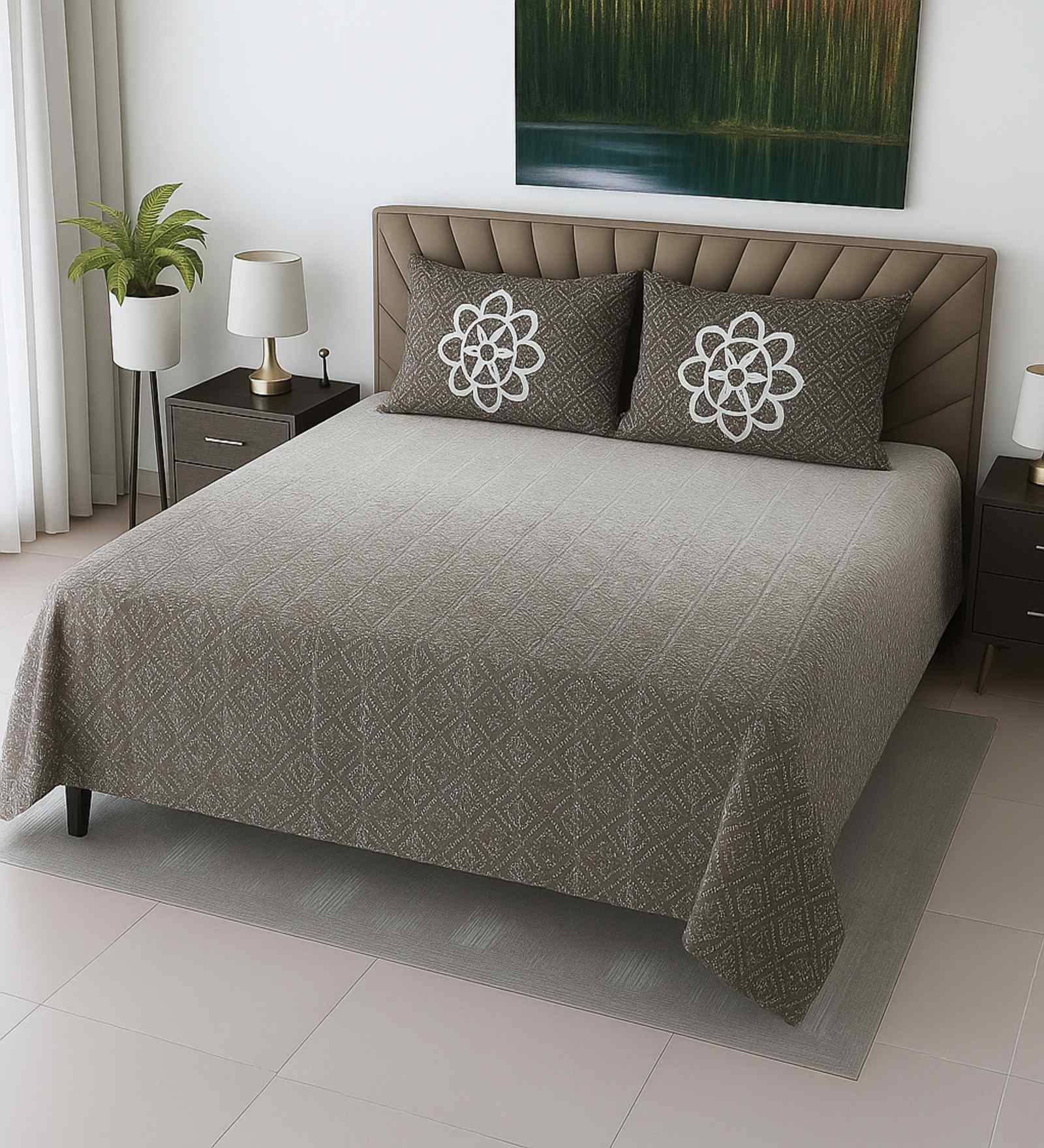 Green Shade Abstract 400 TC Cotton SuperKing Sized Double Bedsheet with 2 Pillow Covers Luxury Series Collection