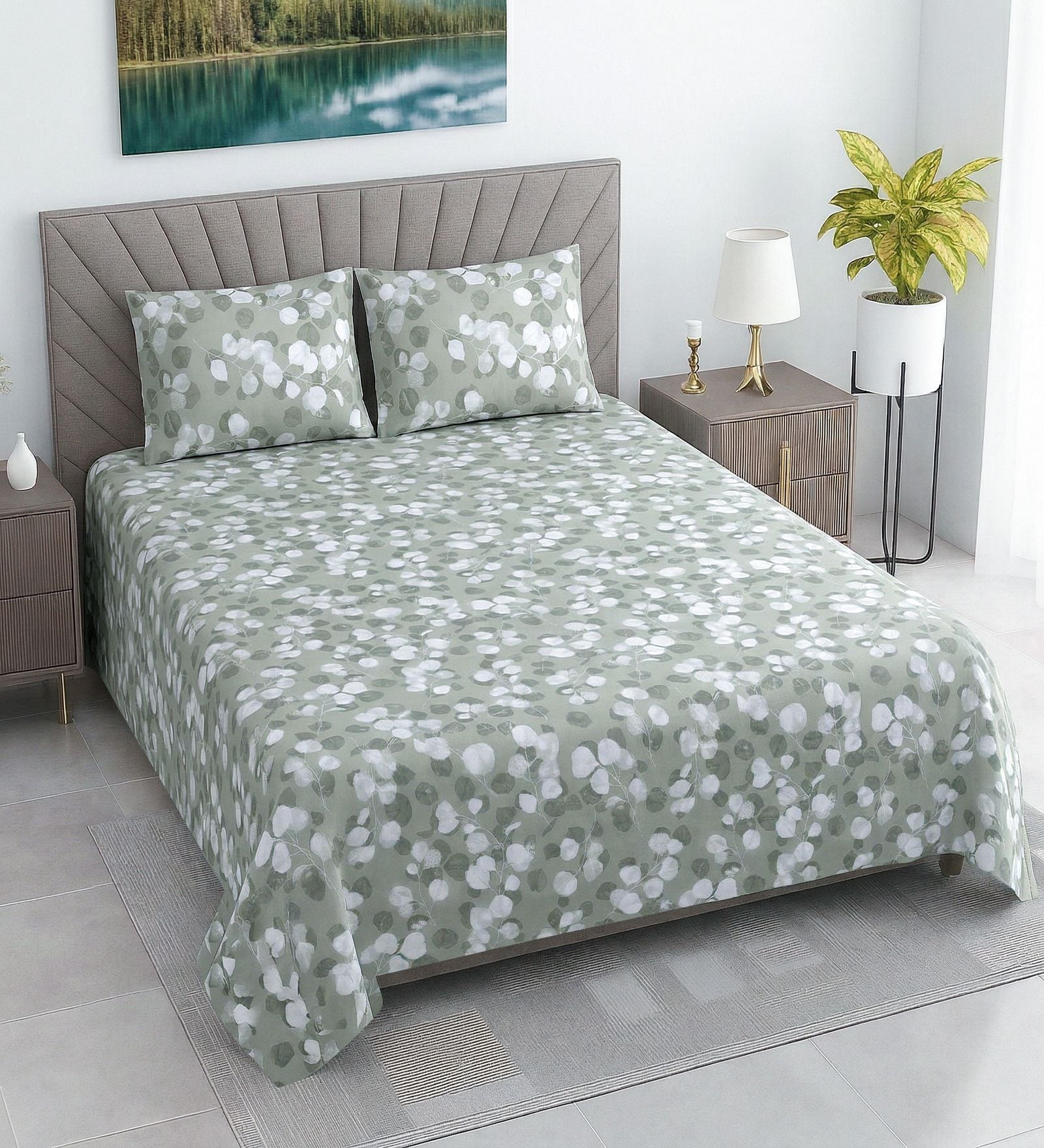 Green Shade Floral 280 TC Cotton Double Queen Size Bedsheet With 2 Pillow Covers