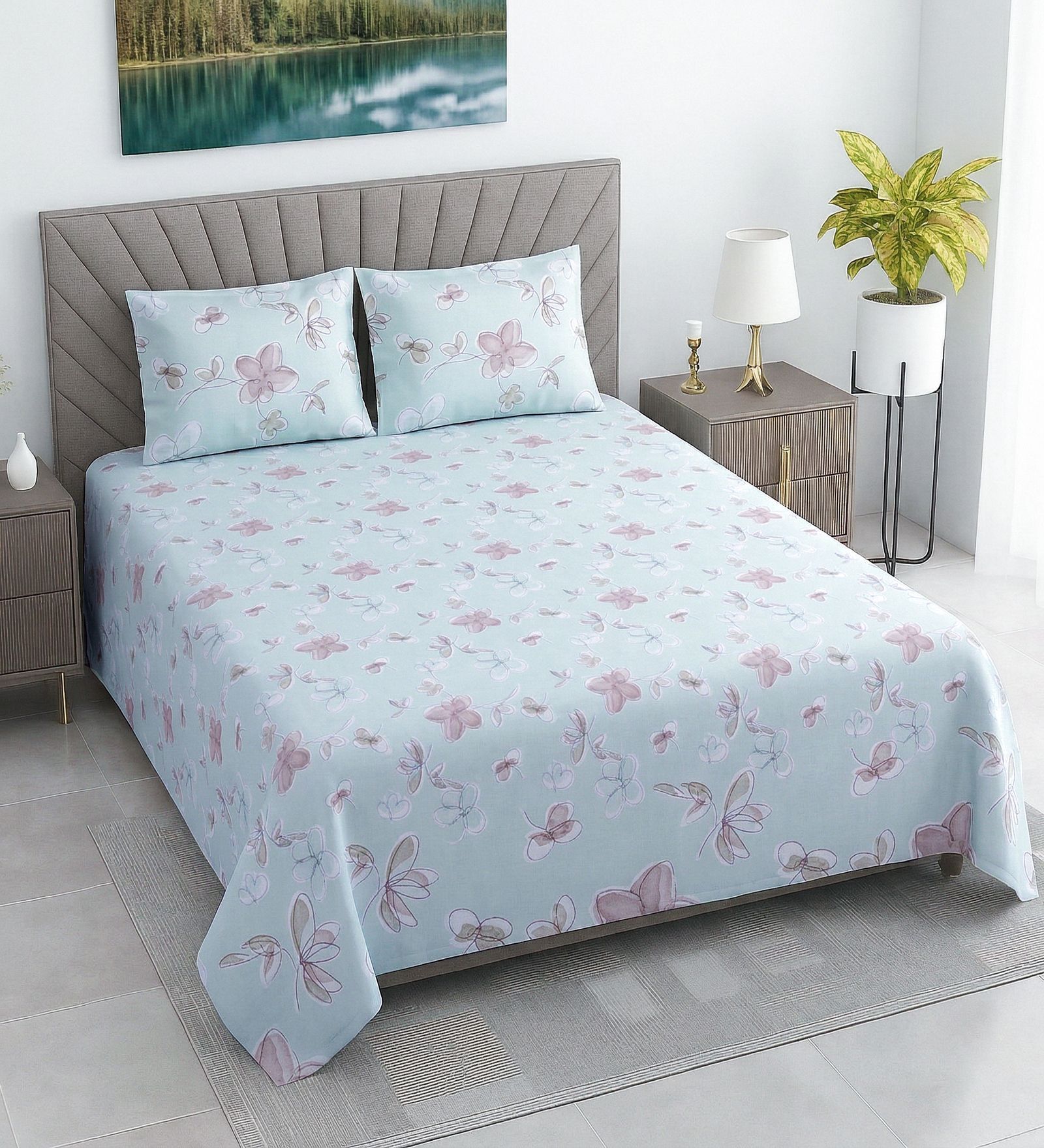 Green Shade Floral 400 TC Cotton Double Queen Size Bedsheet With 2 Pillow Covers